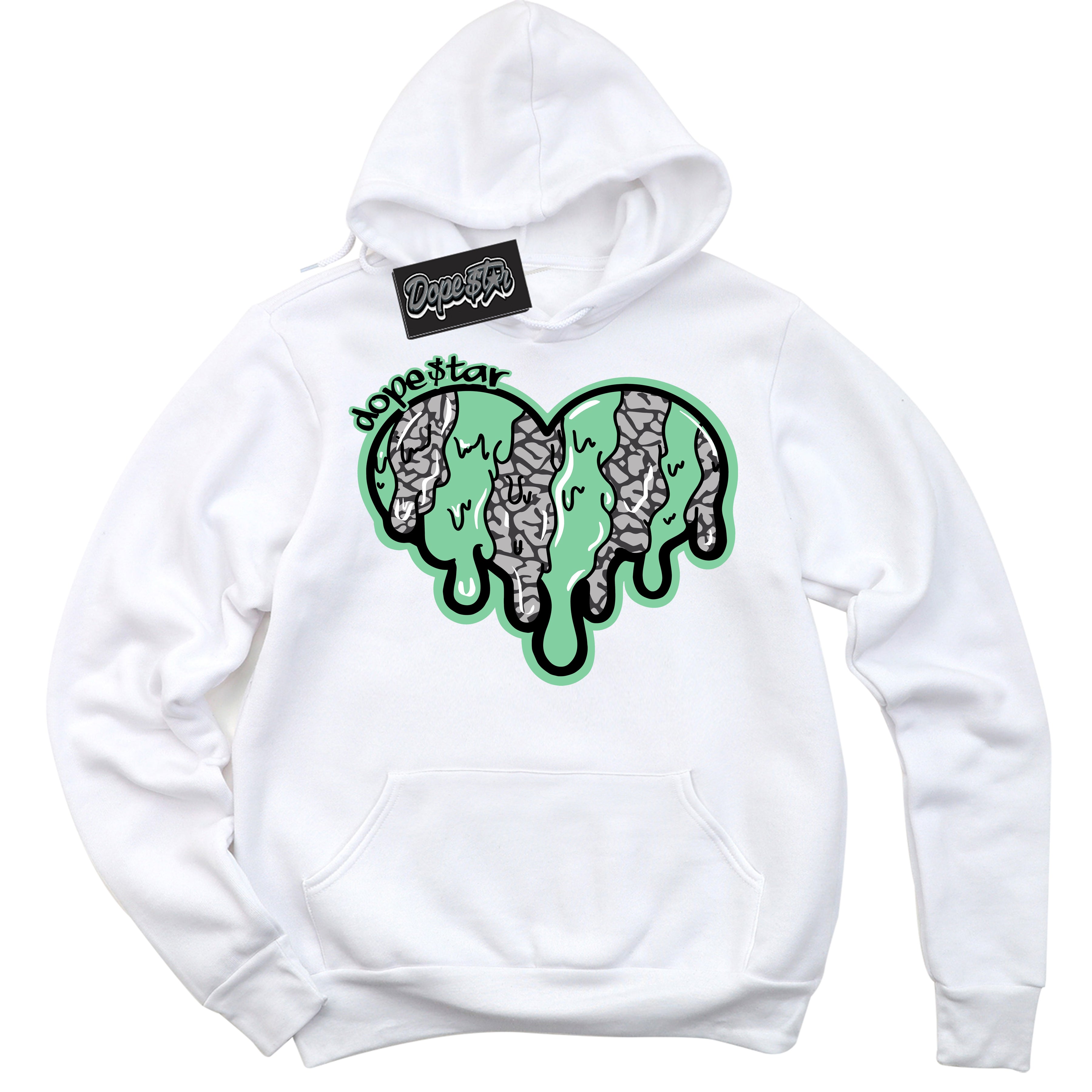 Cool White Graphic DopeStar Hoodie with “ Melting Heart “ print, that perfectly matches Green Glow 3s sneakers