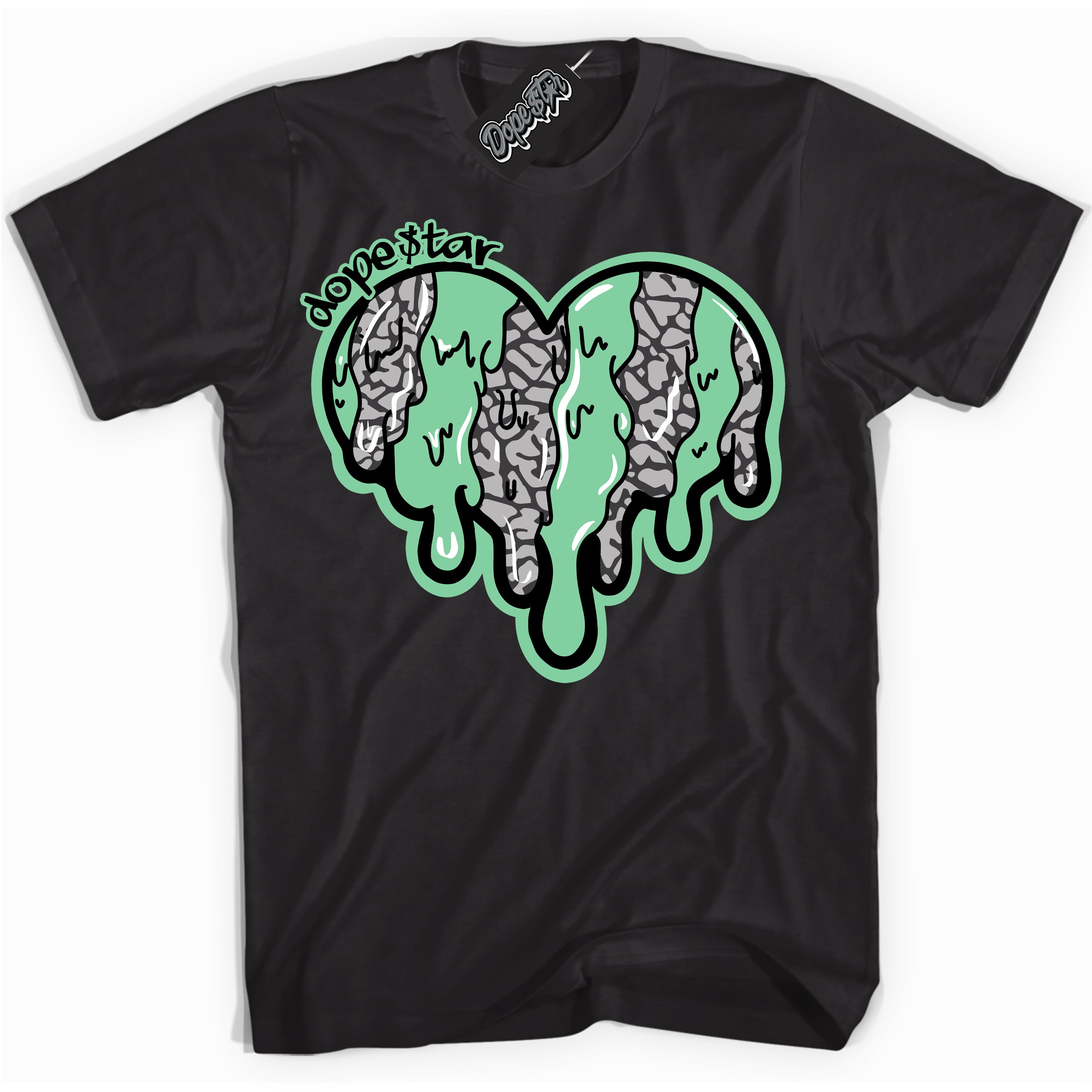 Cool Black graphic tee with “ Melting Heart ” design, that perfectly matches Green Glow 3s sneakers 