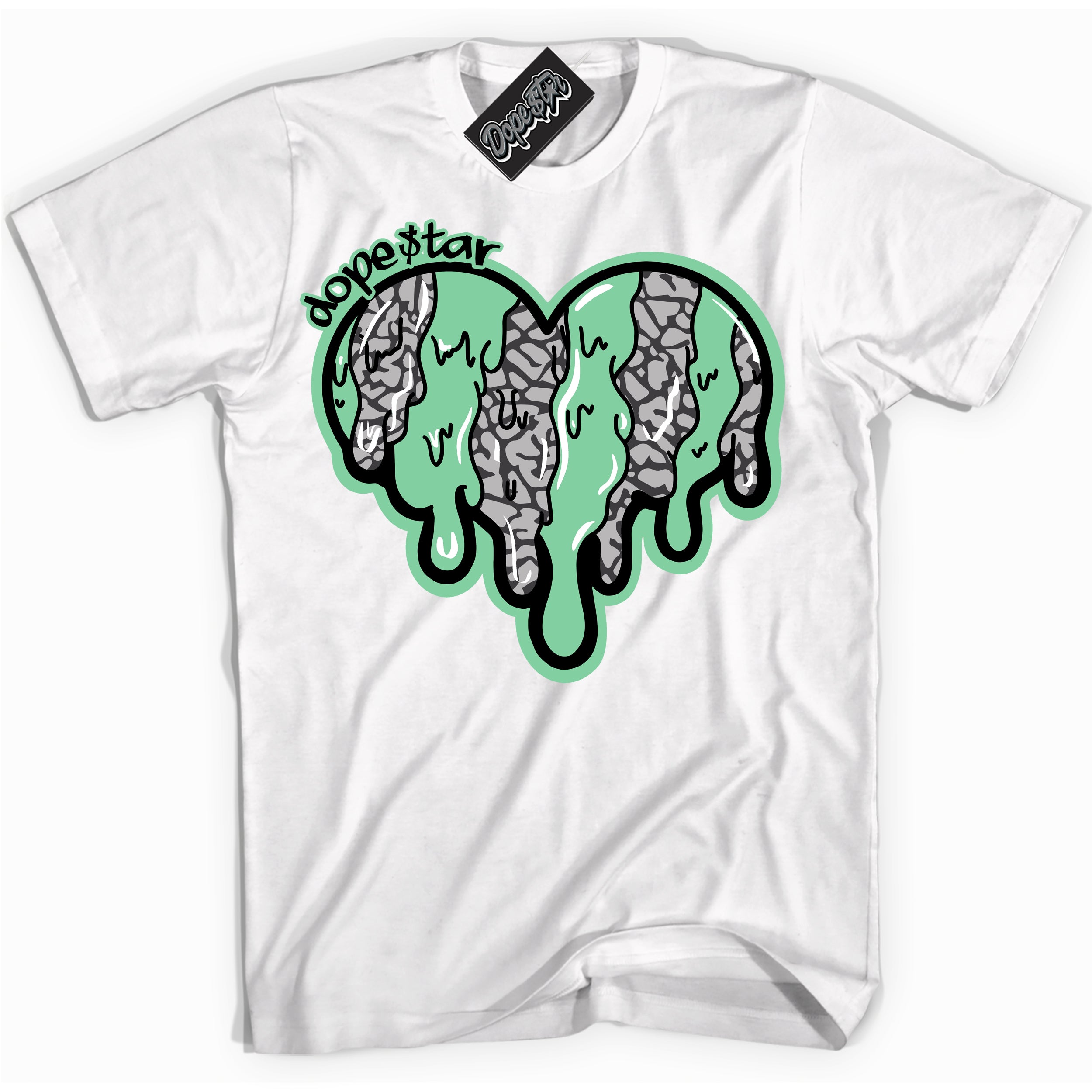 Cool White graphic tee with “ Melting Heart ” design, that perfectly matches Green Glow 3s sneakers 