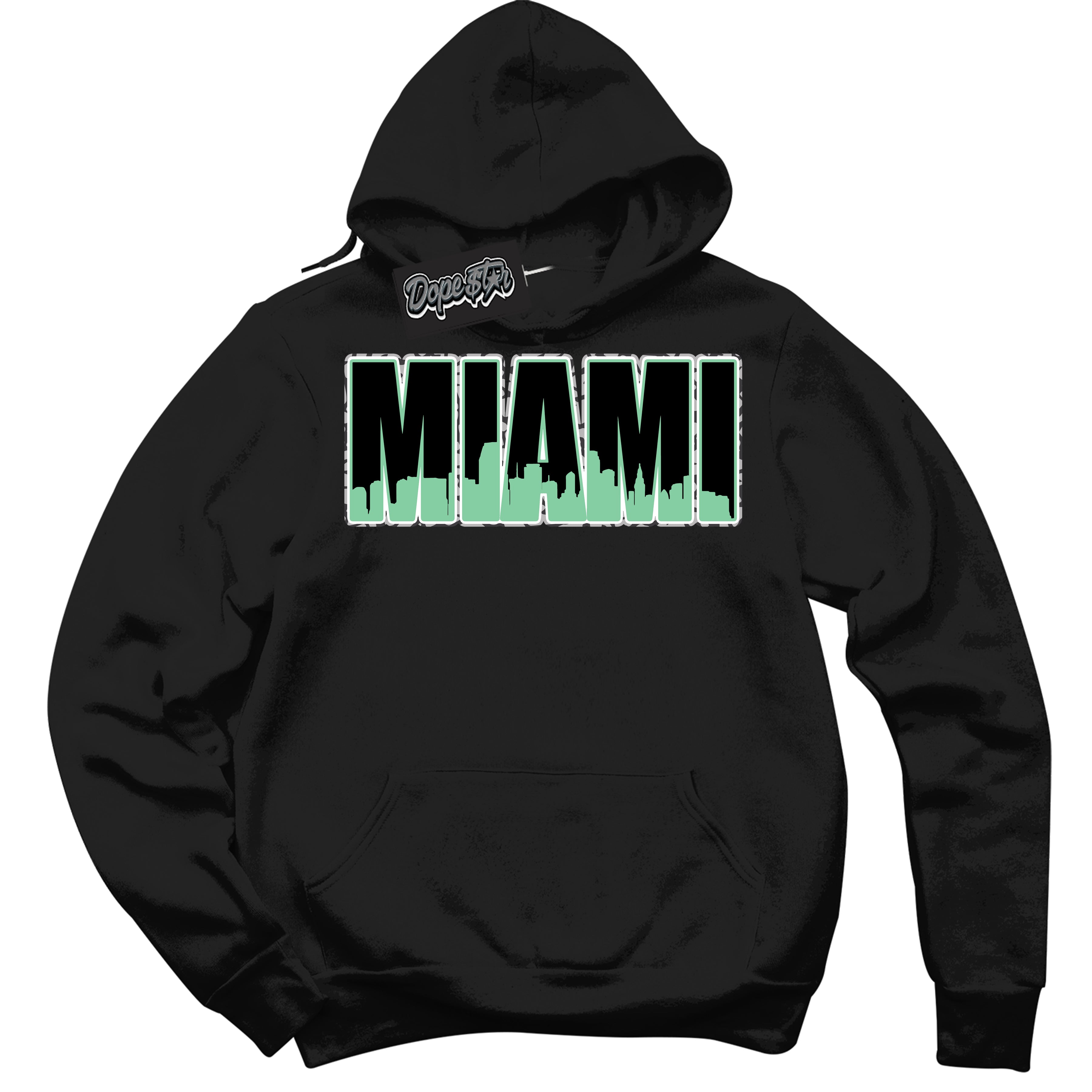 Cool Black Graphic DopeStar Hoodie with “ Miami “ print, that perfectly matches Green Glow 3S sneakers