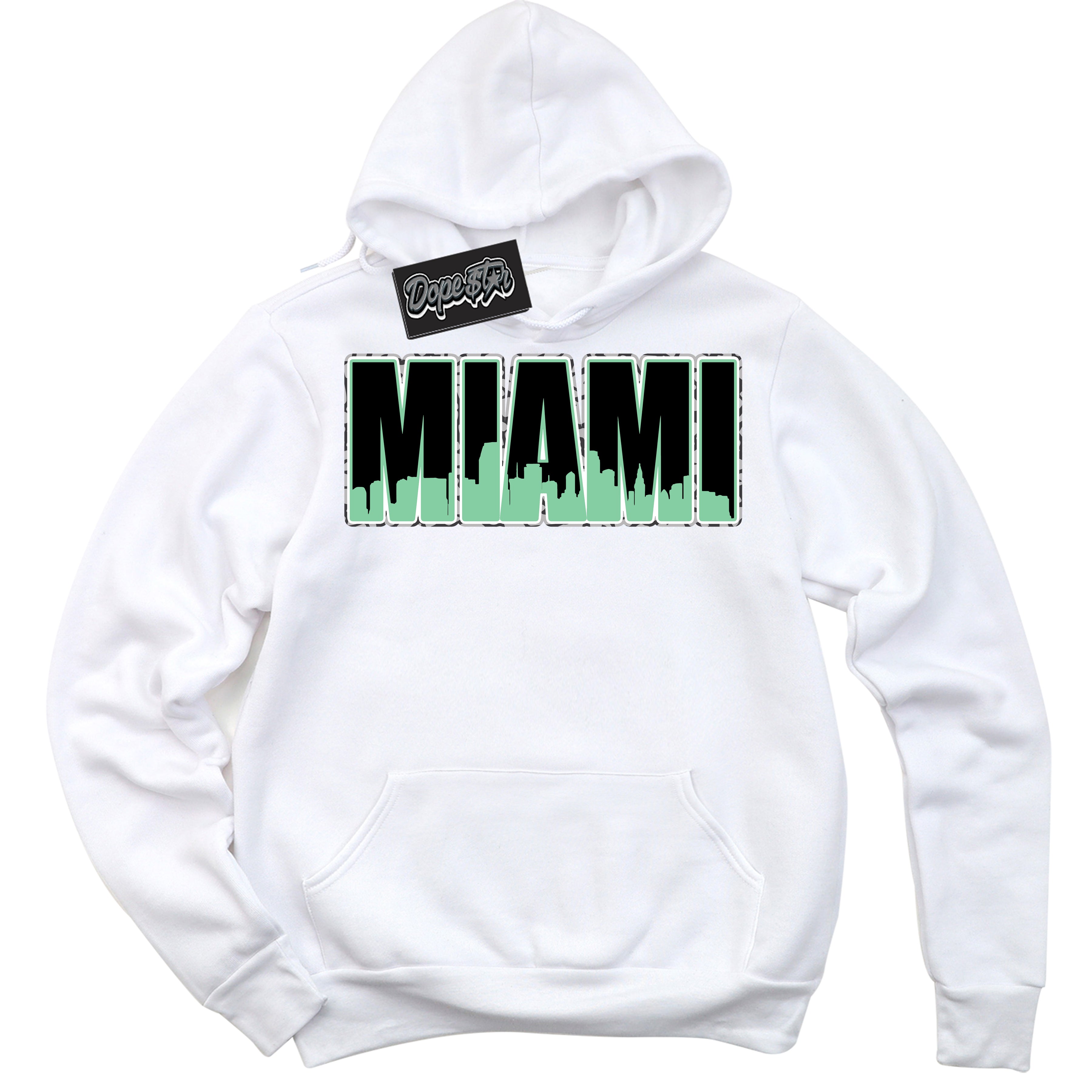 Cool White Graphic DopeStar Hoodie with “ Miami “ print, that perfectly matches Green Glow 3s sneakers