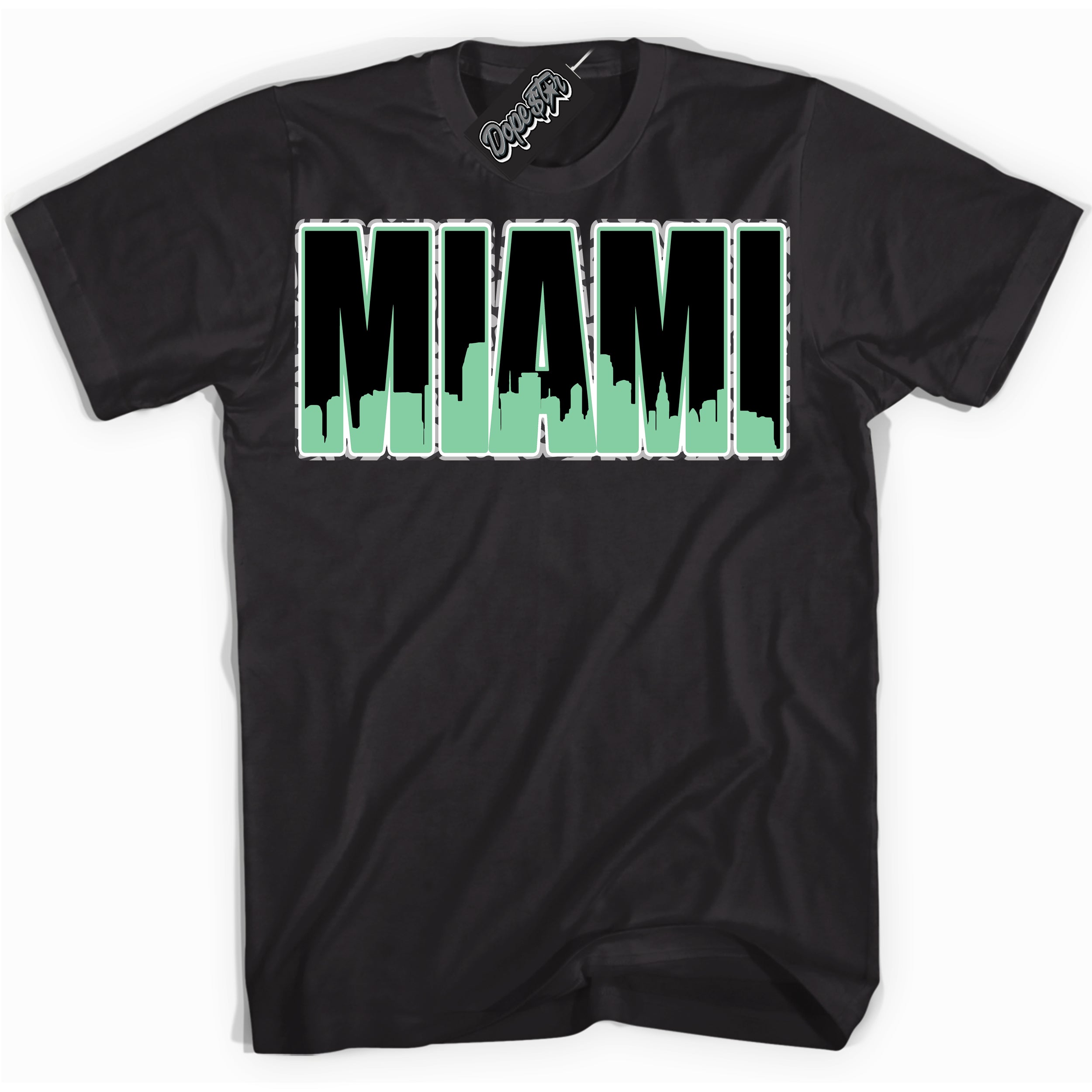 Cool Black graphic tee with “ Miami ” design, that perfectly matches Green Glow 3s sneakers 