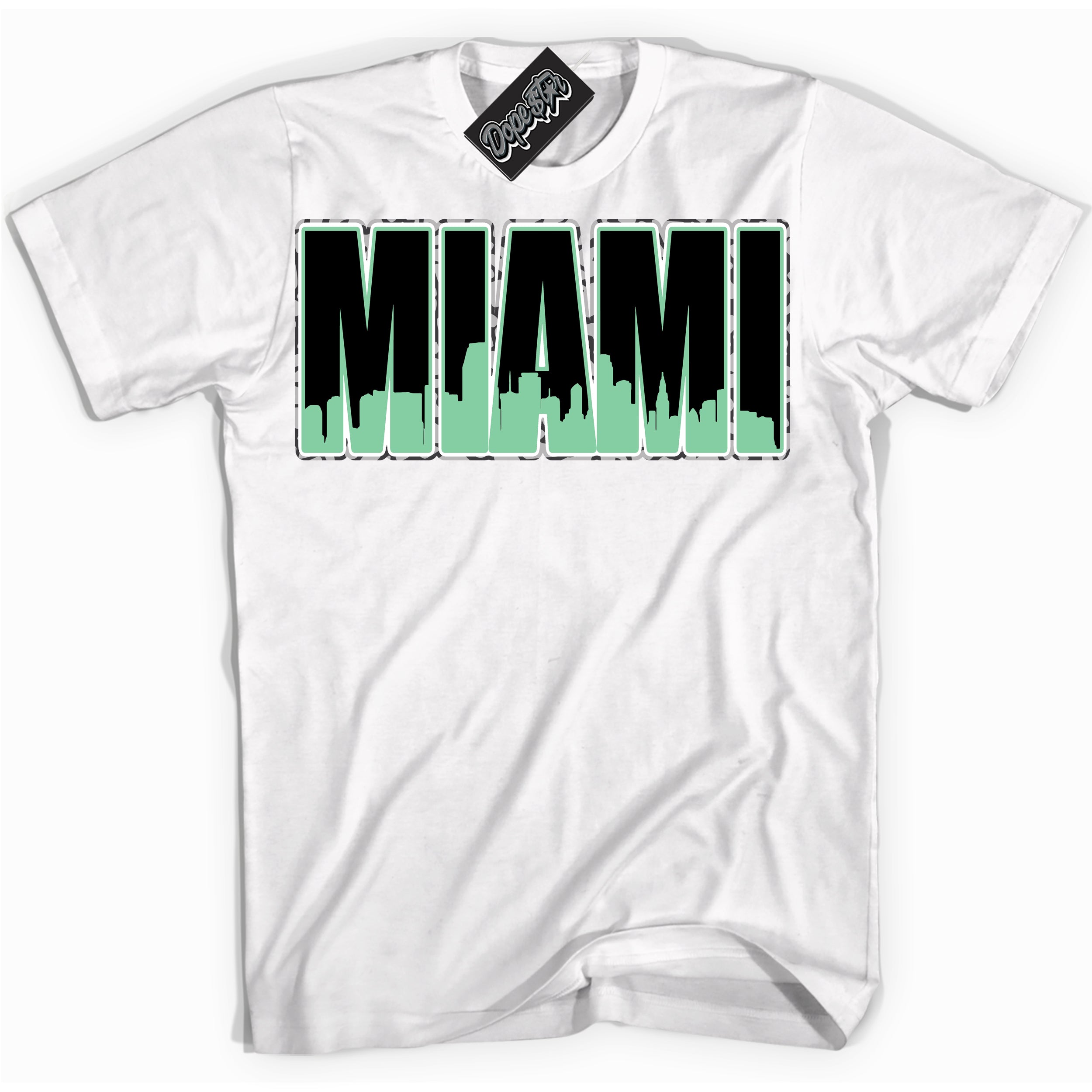 Cool White graphic tee with “ Miami ” design, that perfectly matches Green Glow 3s sneakers 