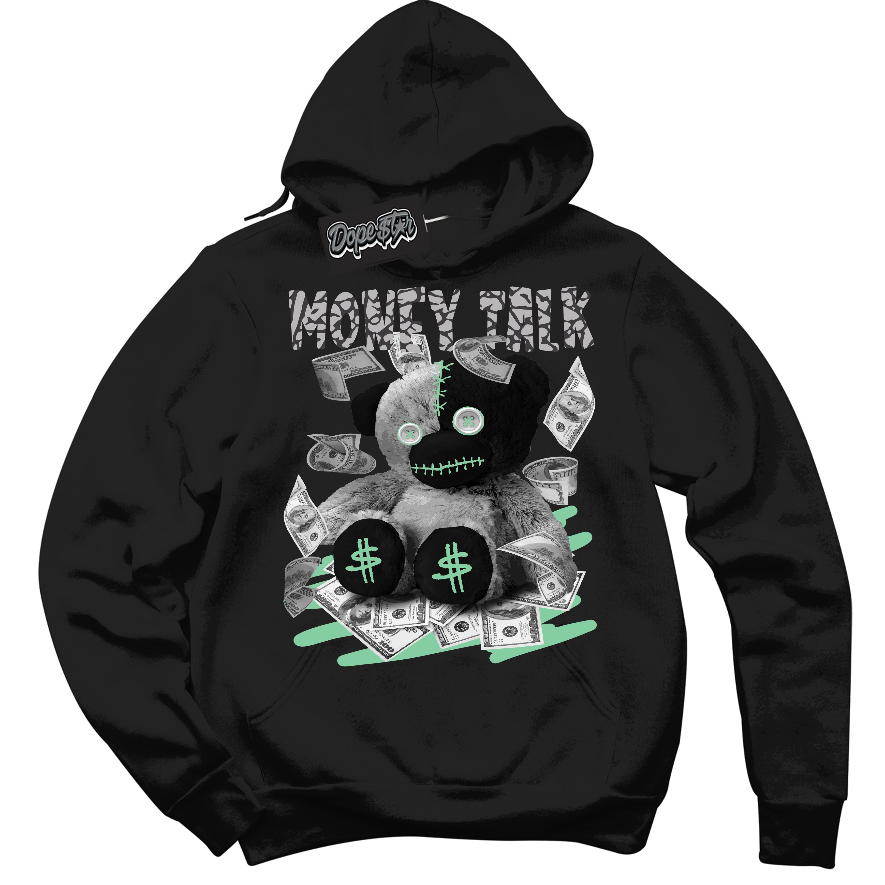 Cool Black Graphic DopeStar Hoodie with “ Money Talk Bear “ print, that perfectly matches Green Glow 3S sneakers