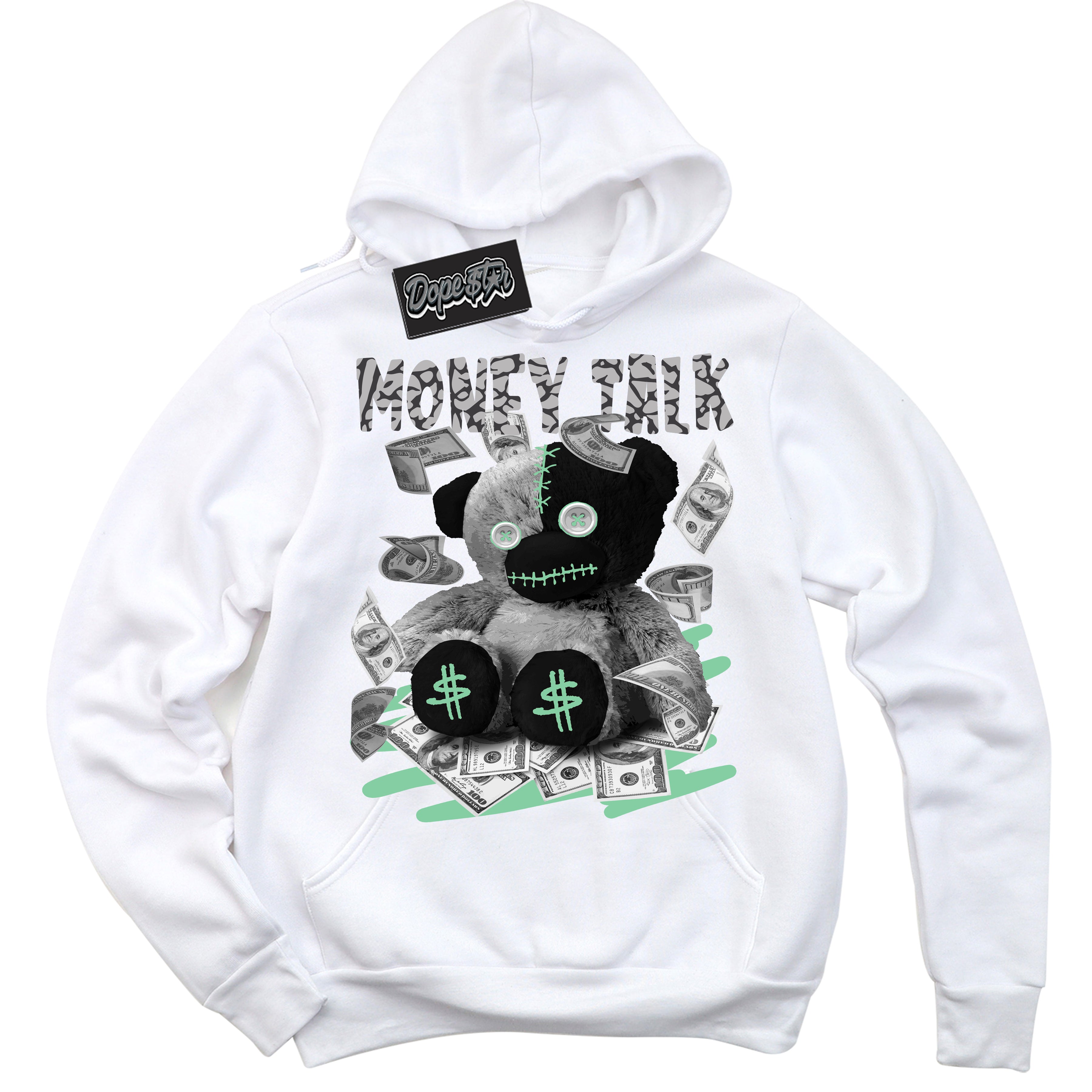 Cool White Graphic DopeStar Hoodie with “ Money Talk Bear “ print, that perfectly matches Green Glow 3s sneakers
