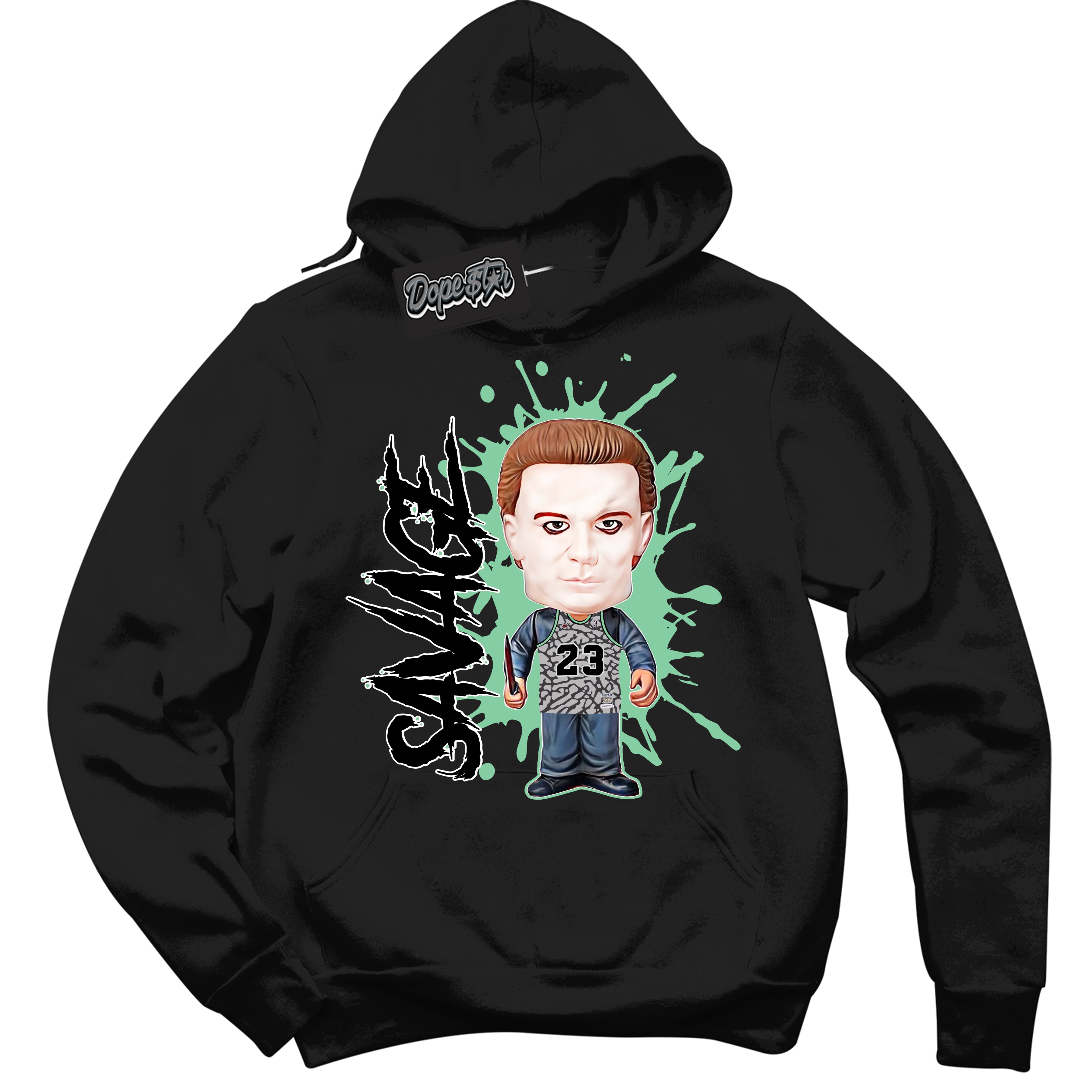 Cool Black Graphic DopeStar Hoodie with “ Michael Myers Savage “ print, that perfectly matches Green Glow 3S sneakers