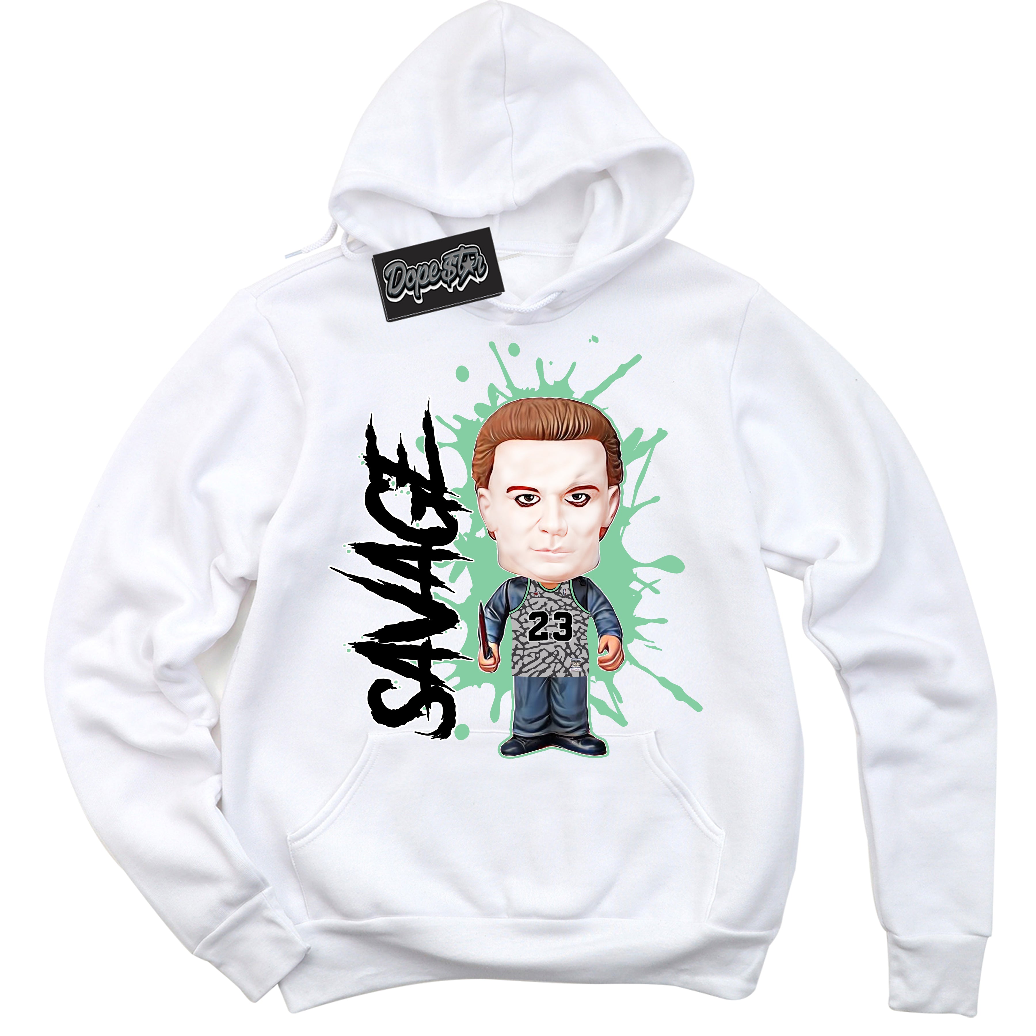 Cool White Graphic DopeStar Hoodie with “ Michael Myers Savage “ print, that perfectly matches Green Glow 3s sneakers