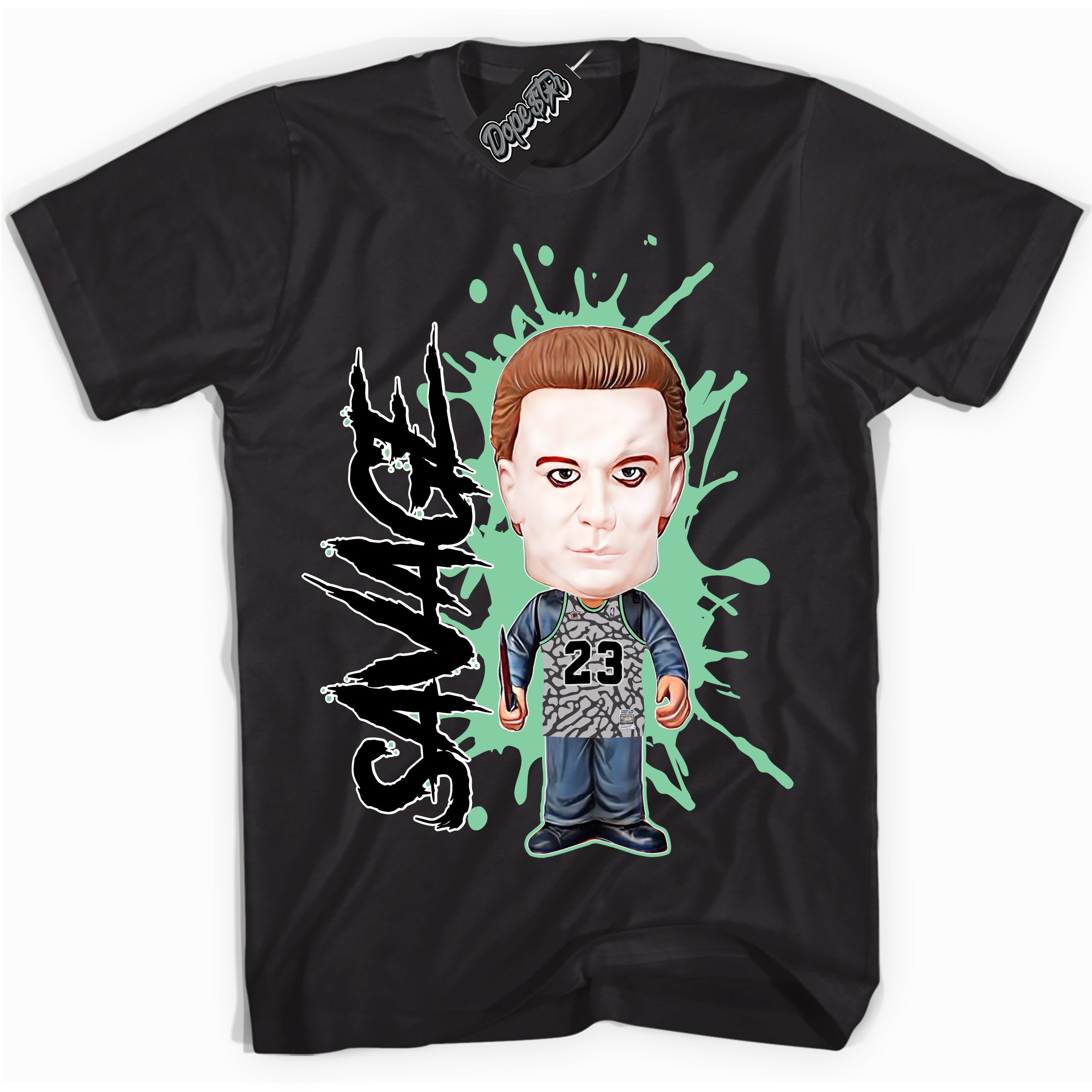 Cool Black graphic tee with “ Michael Myers Savage ” design, that perfectly matches Green Glow 3s sneakers 