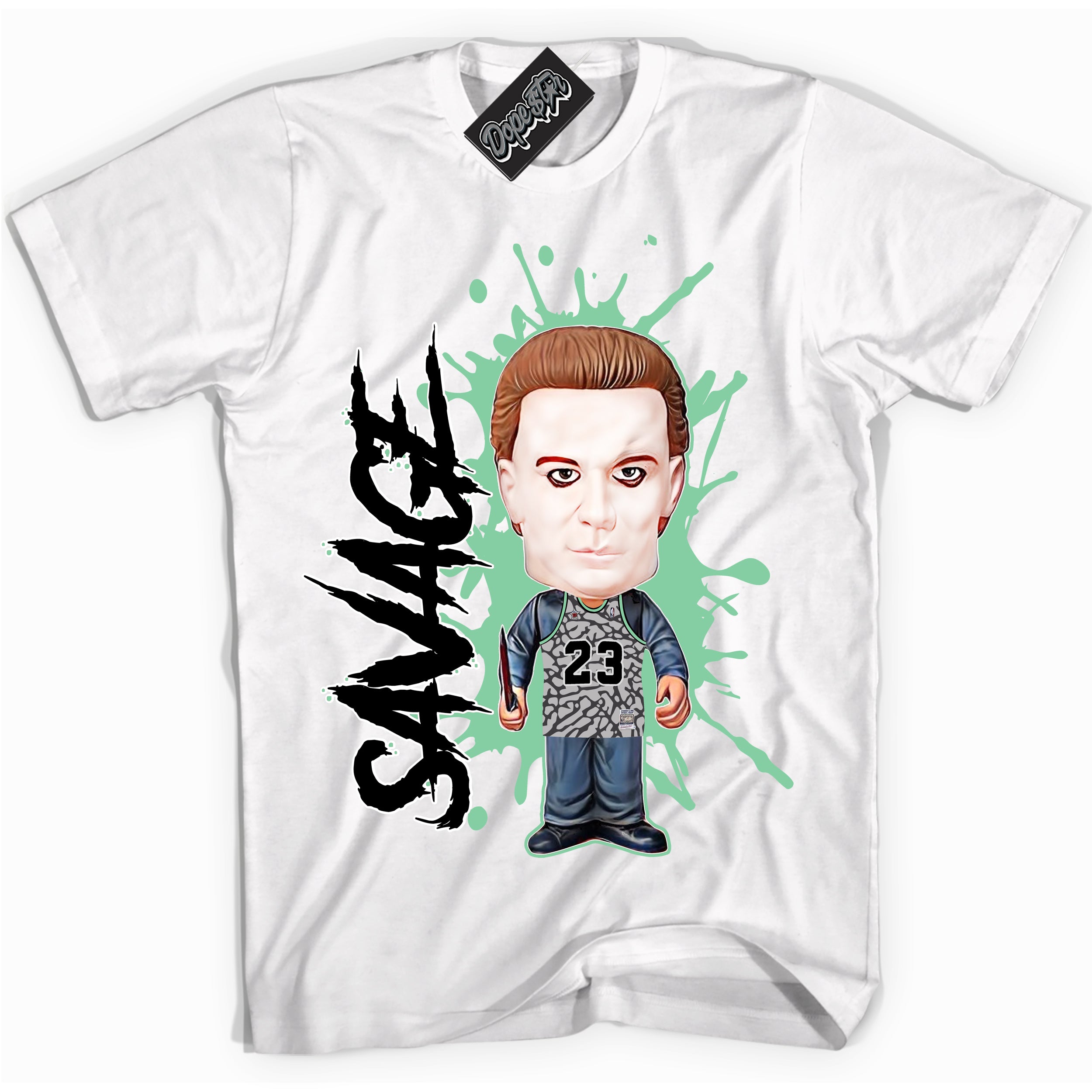 Cool White graphic tee with “ Michael Myers Savage ” design, that perfectly matches Green Glow 3s sneakers 