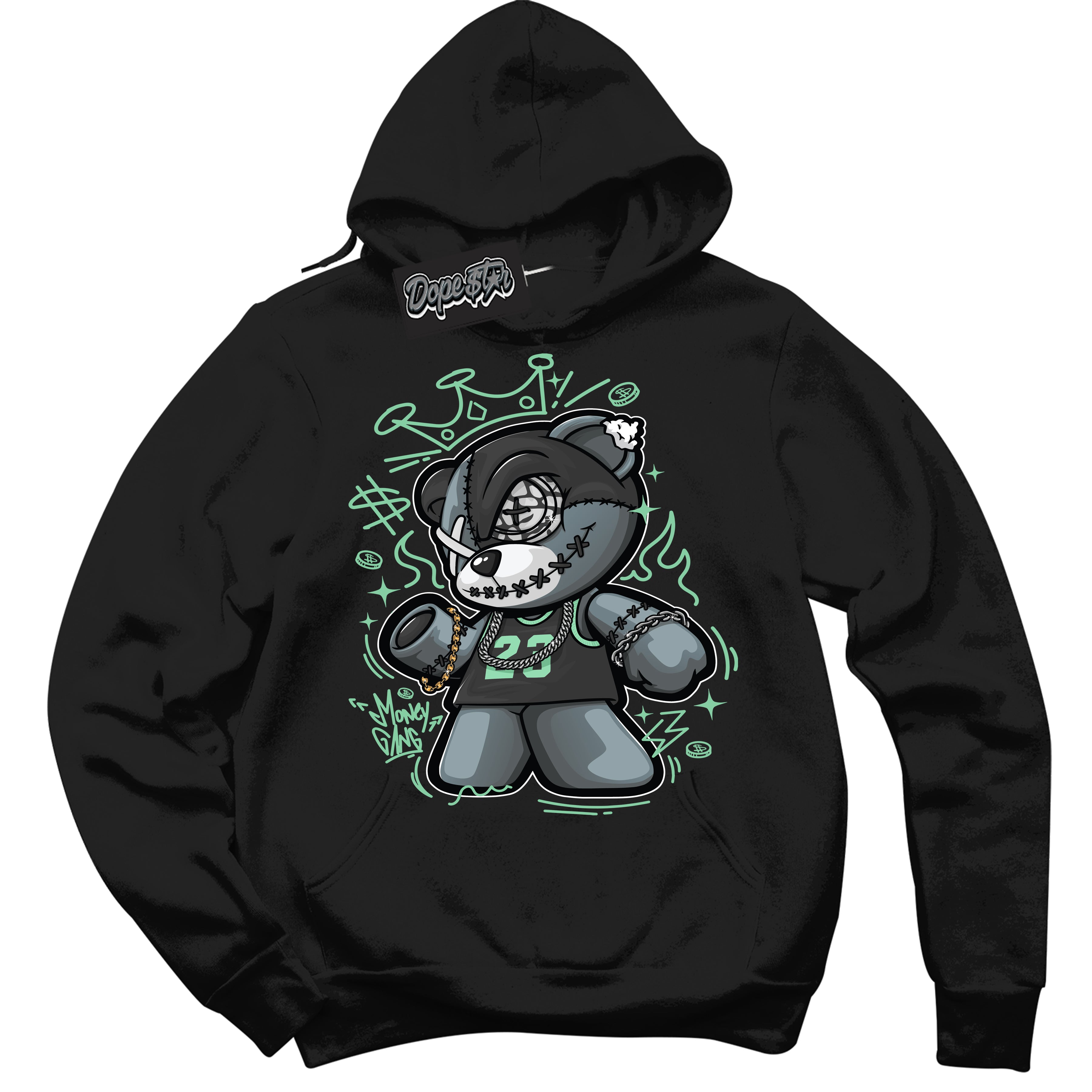 Cool Black Graphic DopeStar Hoodie with “ Money Gang Bear “ print, that perfectly matches Green Glow 3S sneakers