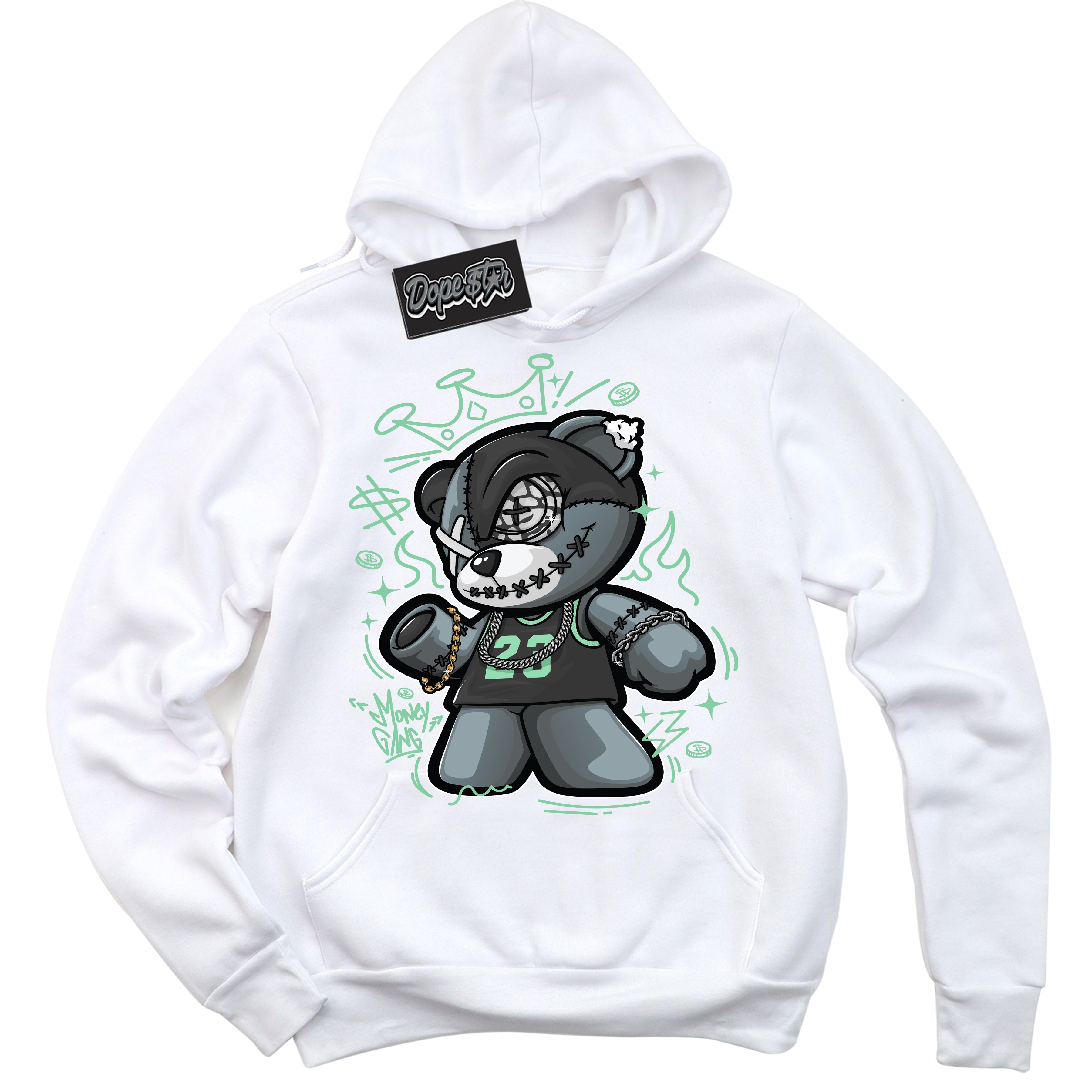Cool White Graphic DopeStar Hoodie with “ Money Gang Bear “ print, that perfectly matches Green Glow 3s sneakers