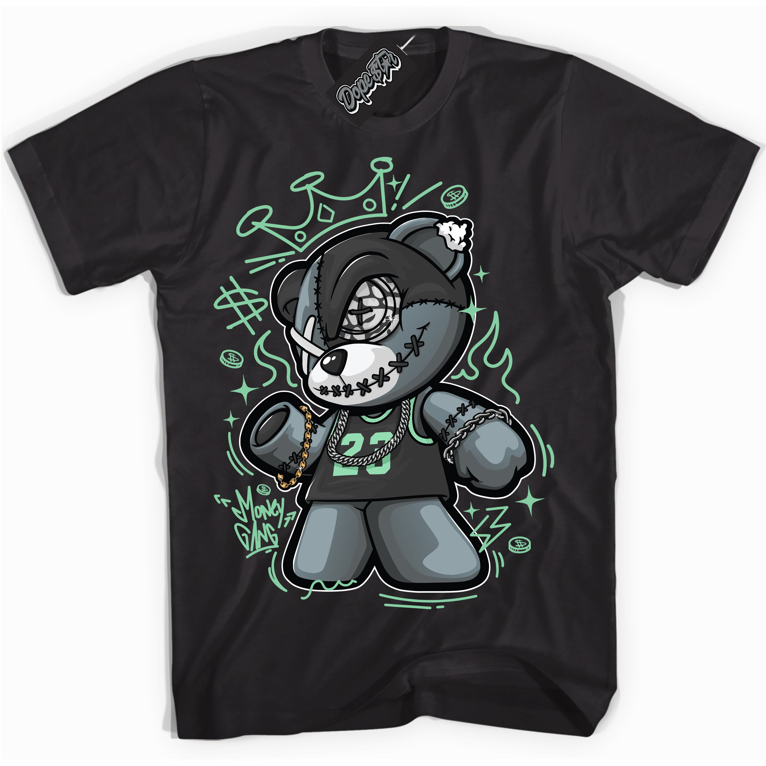 Cool Black graphic tee with “ Money Gang Bear ” design, that perfectly matches Green Glow 3s sneakers 