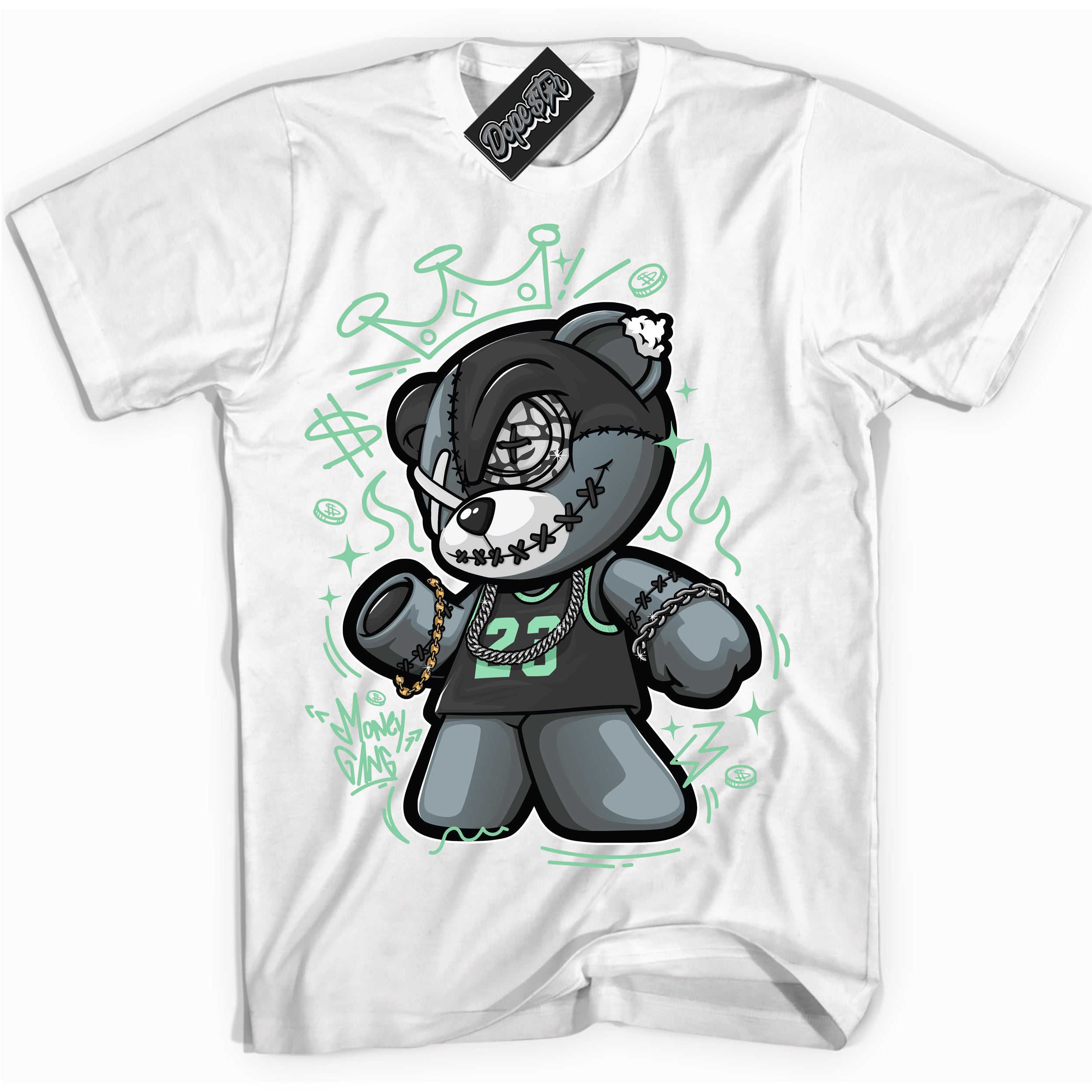 Cool White graphic tee with “ Money Gang Bear ” design, that perfectly matches Green Glow 3s sneakers 