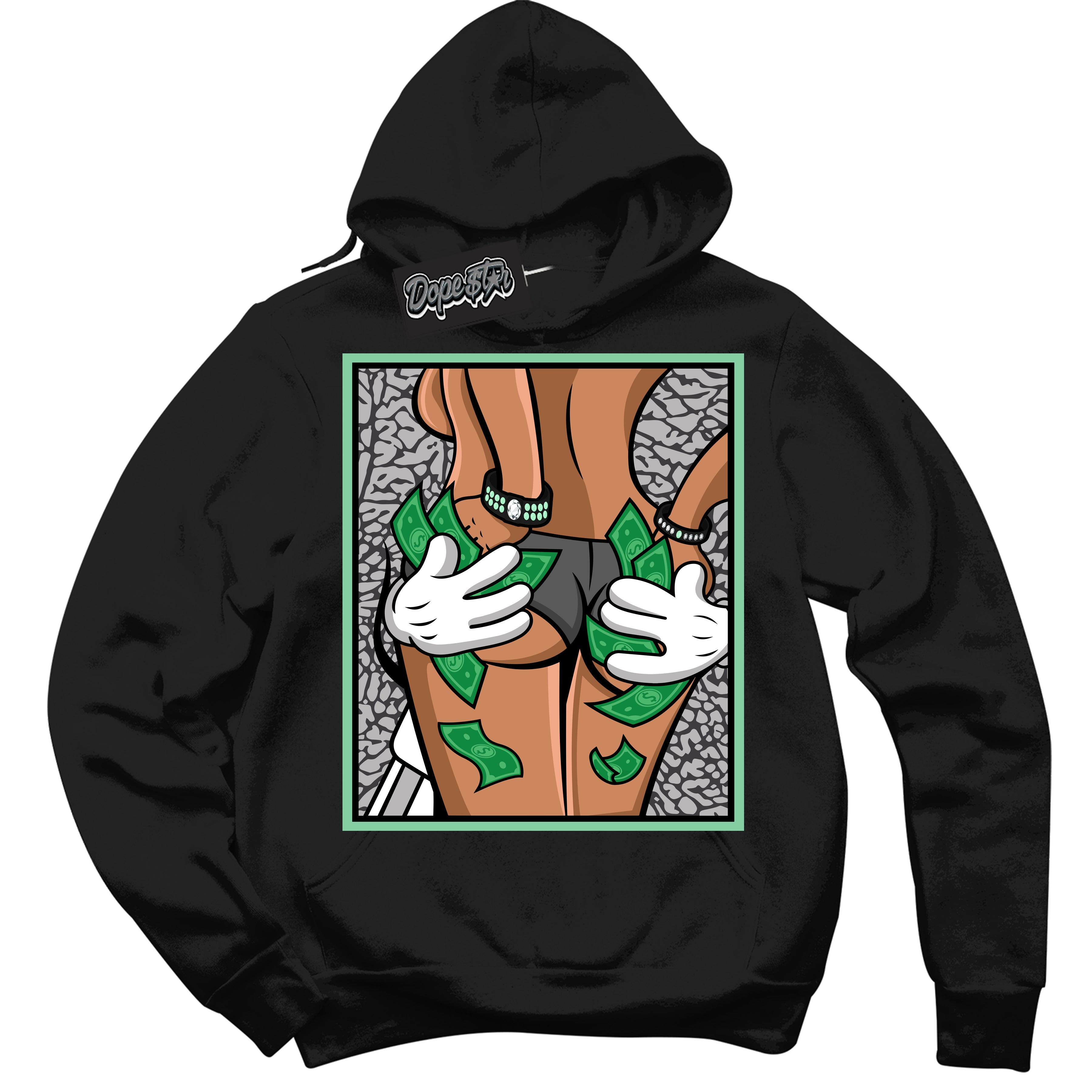 Cool Black Graphic DopeStar Hoodie with “ Money Hands “ print, that perfectly matches Green Glow 3S sneakers