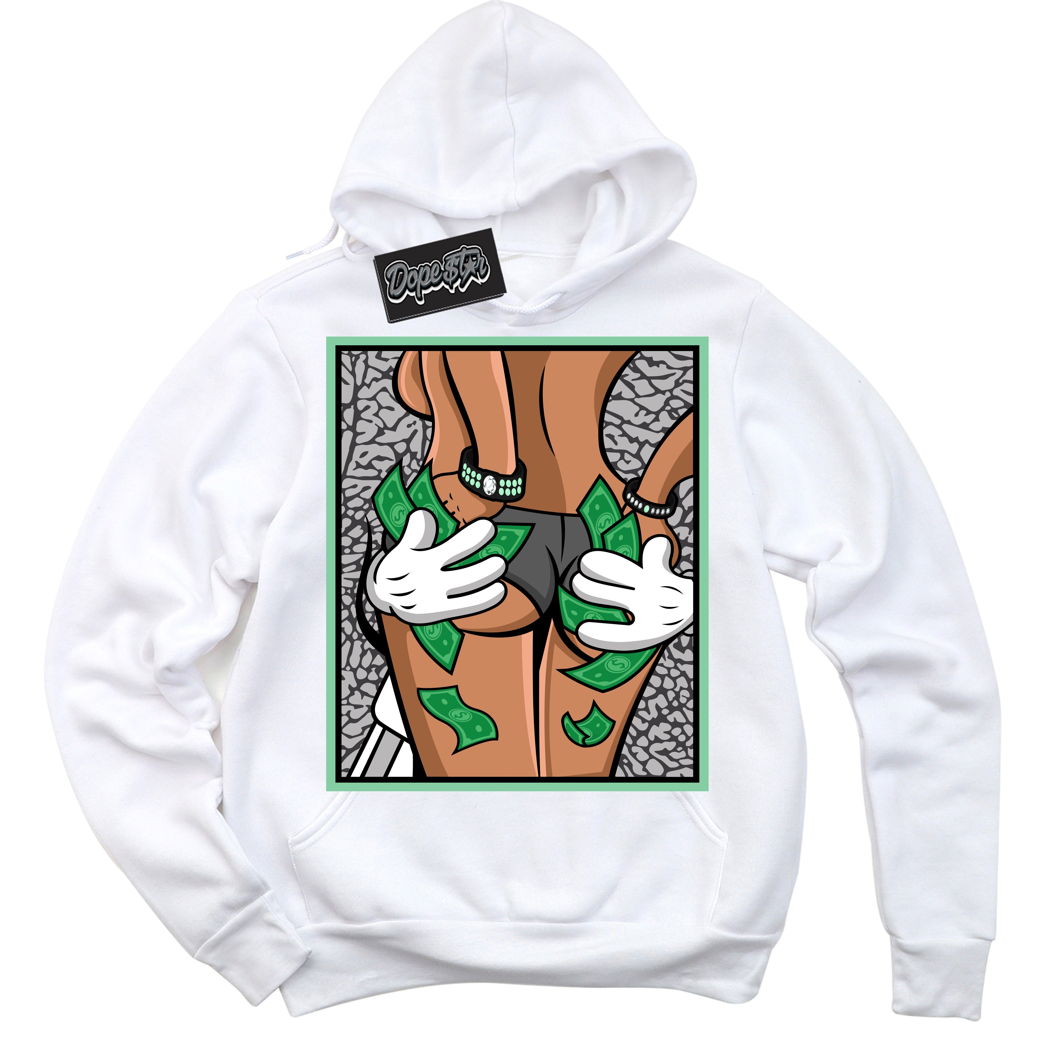 Cool White Graphic DopeStar Hoodie with “ Money Hands “ print, that perfectly matches Green Glow 3s sneakers