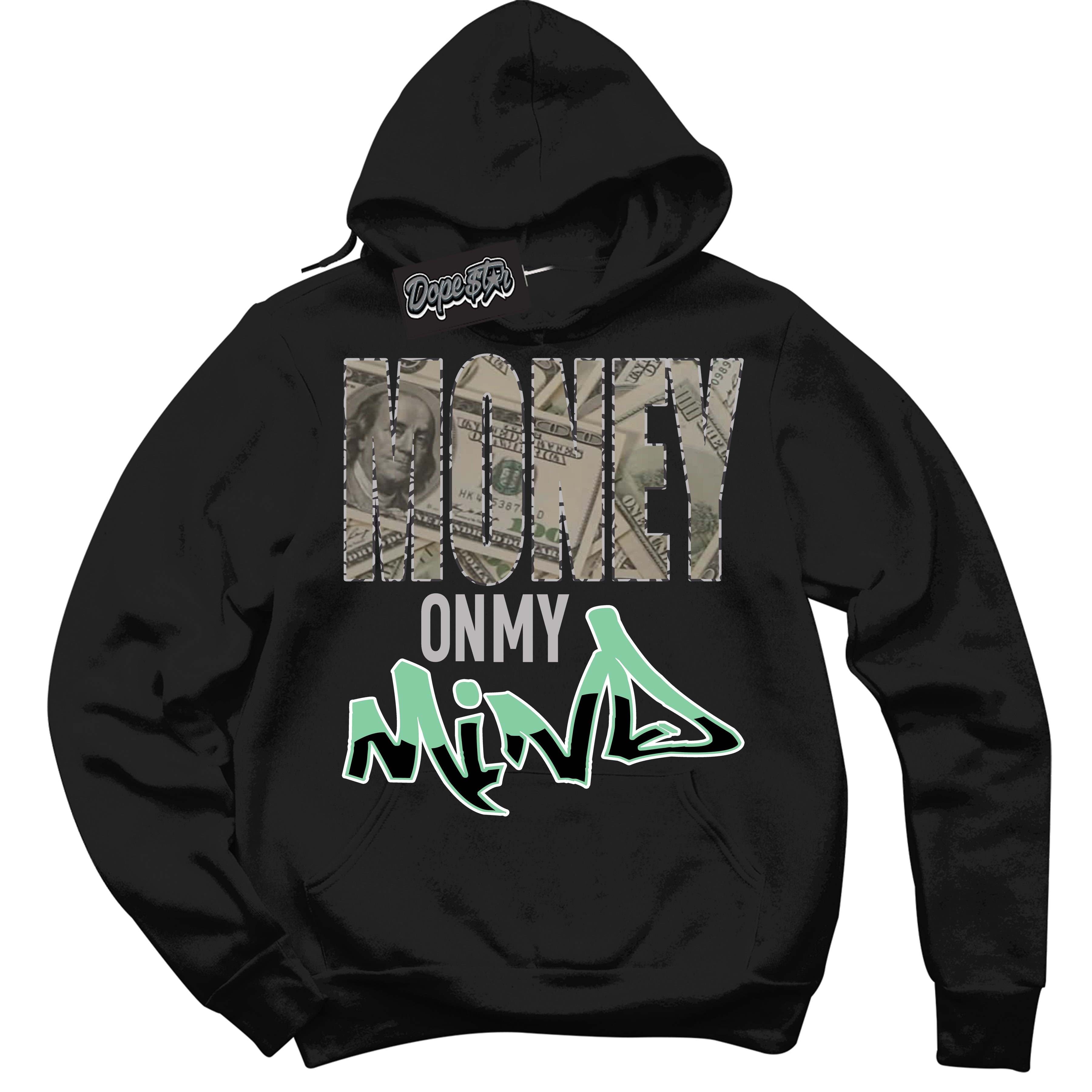 Cool Black Graphic DopeStar Hoodie with “ Money On My Mind “ print, that perfectly matches Green Glow 3S sneakers