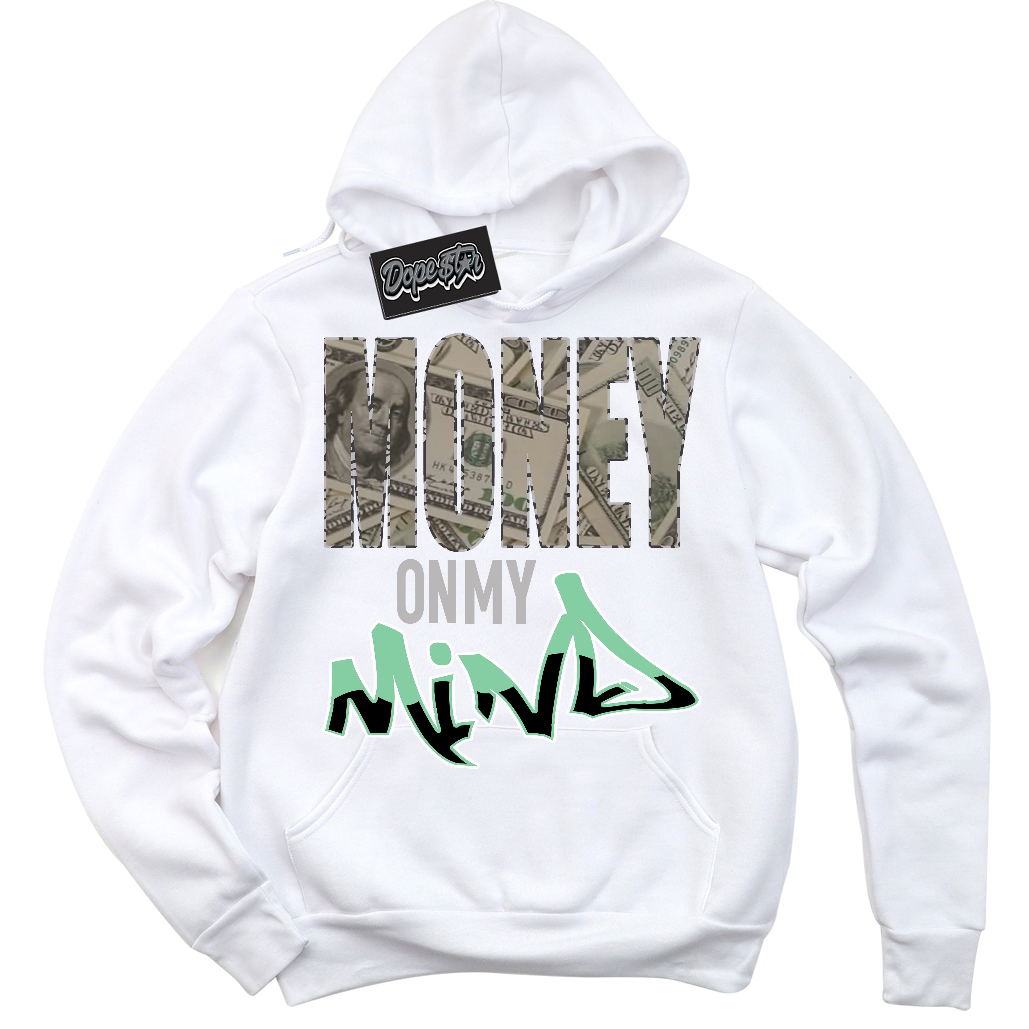 Cool White Graphic DopeStar Hoodie with “ Money On My Mind “ print, that perfectly matches Green Glow 3s sneakers
