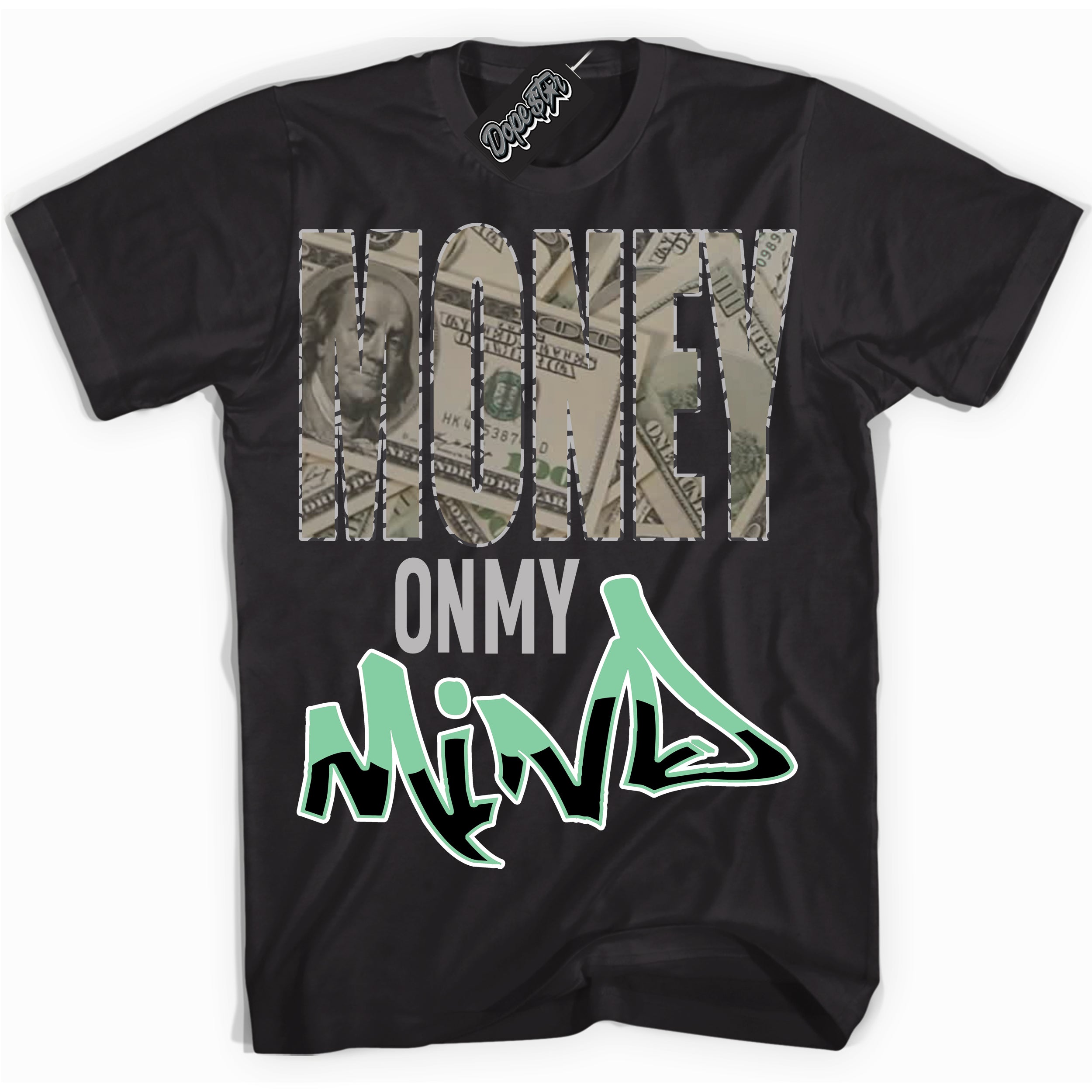 Cool Black graphic tee with “ Money On My Mind ” design, that perfectly matches Green Glow 3s sneakers 
