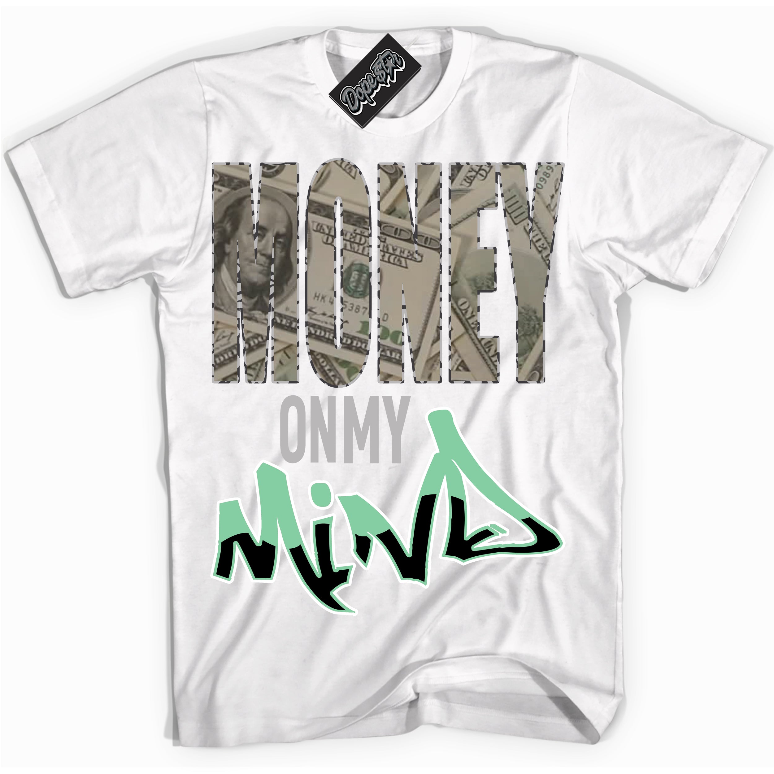Cool White graphic tee with “ Money On My Mind ” design, that perfectly matches Green Glow 3s sneakers 