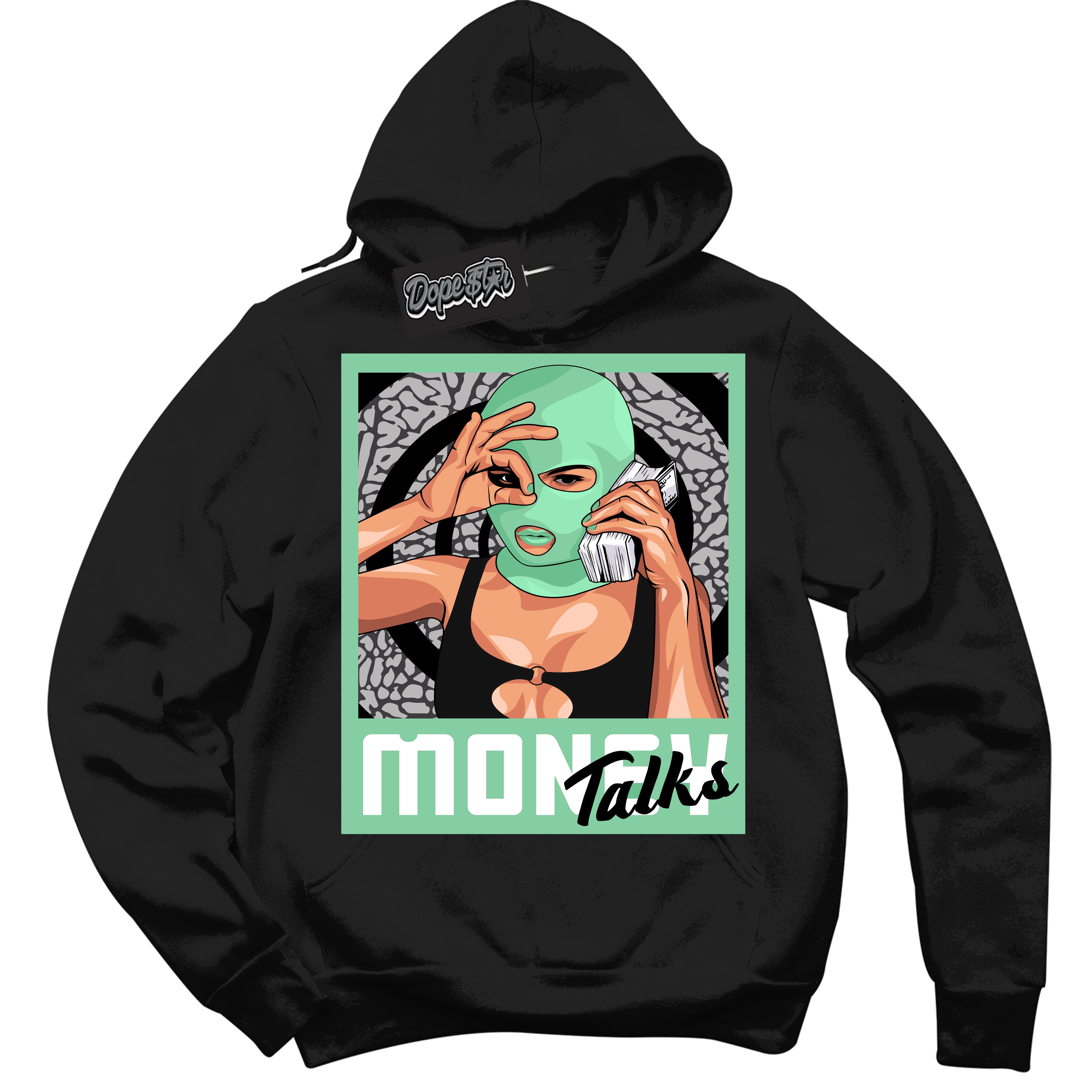 Cool Black Graphic DopeStar Hoodie with “ Money Talks “ print, that perfectly matches Green Glow 3S sneakers