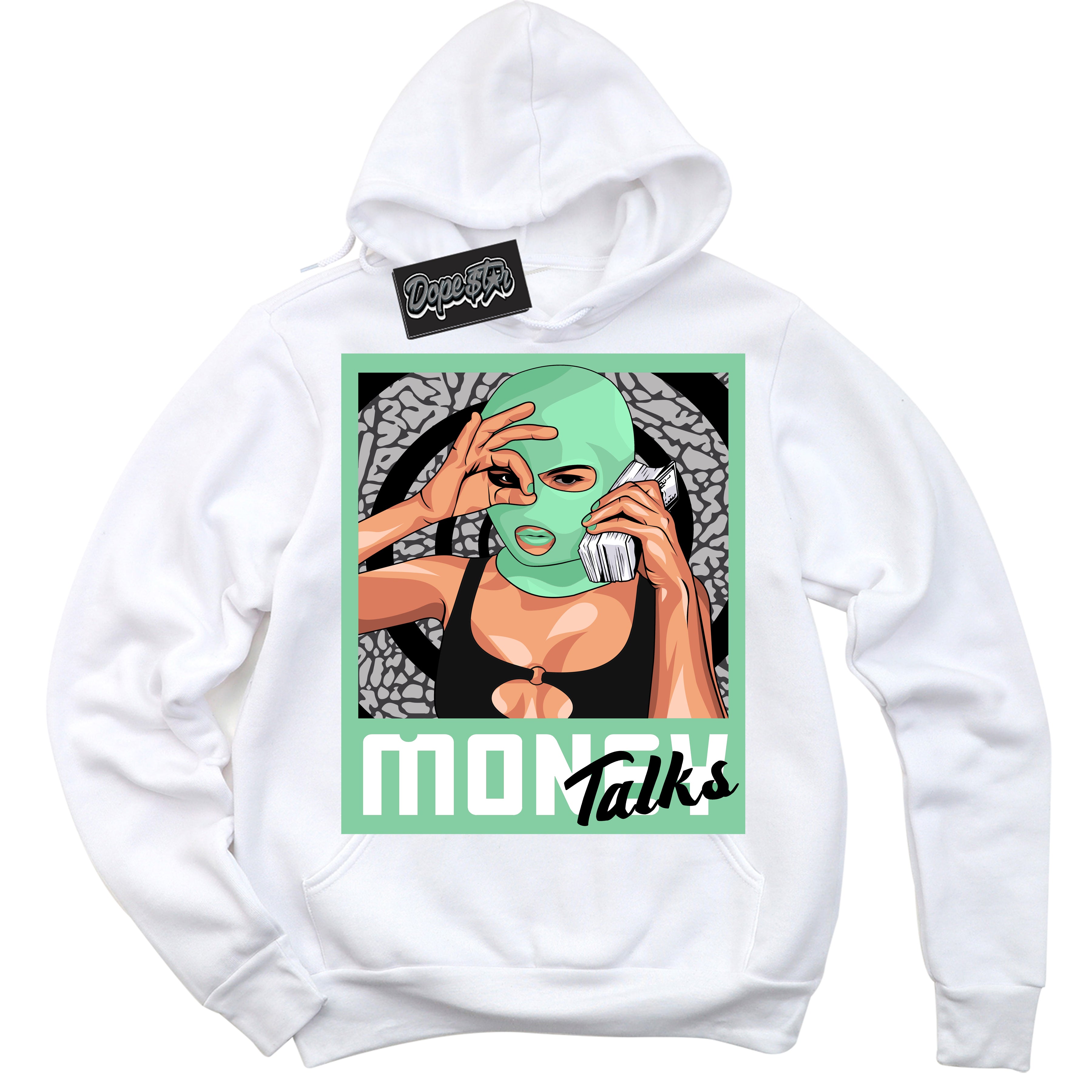 Cool White Graphic DopeStar Hoodie with “ Money Talks “ print, that perfectly matches Green Glow 3s sneakers