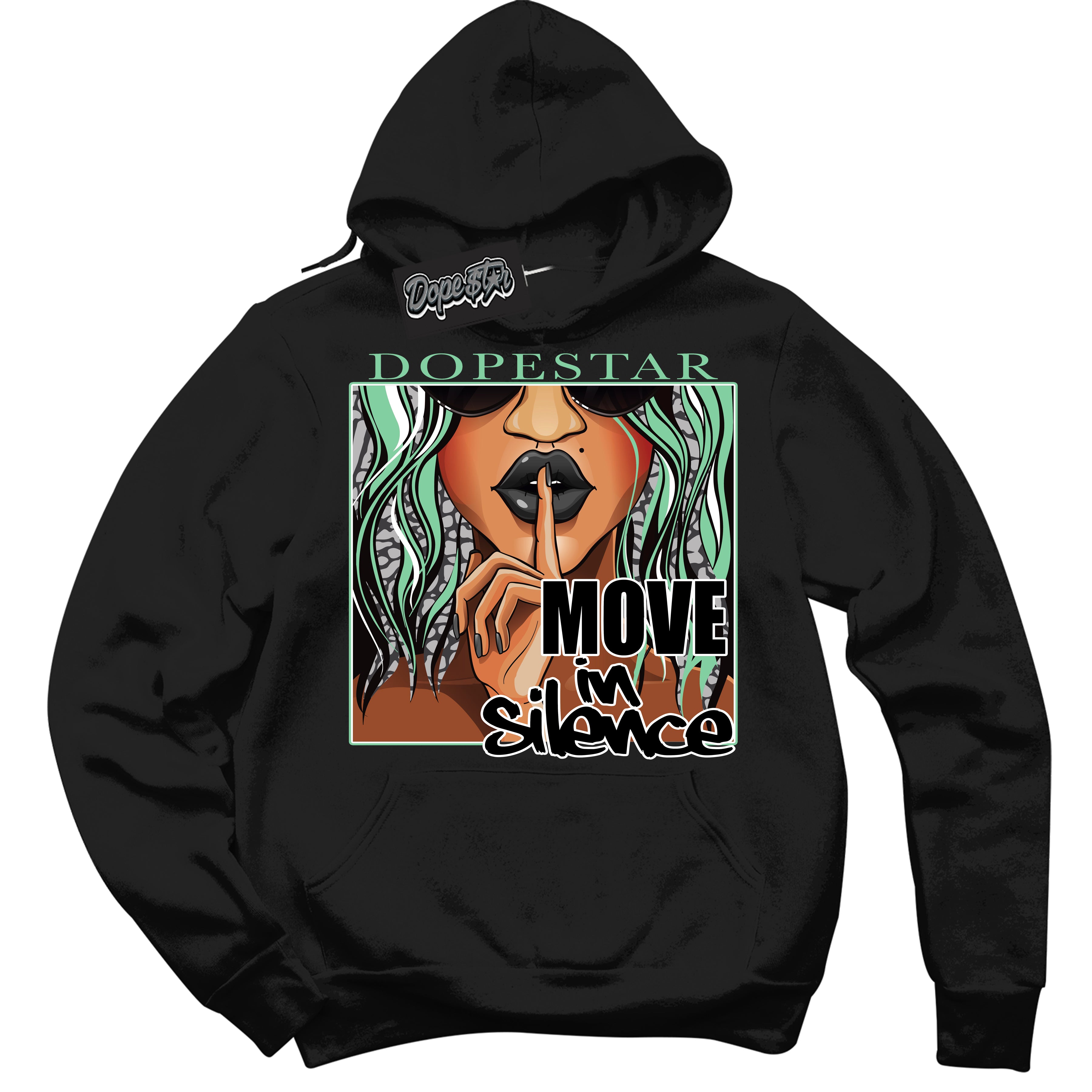 Cool Black Graphic DopeStar Hoodie with “ Move In Silence “ print, that perfectly matches Green Glow 3S sneakers