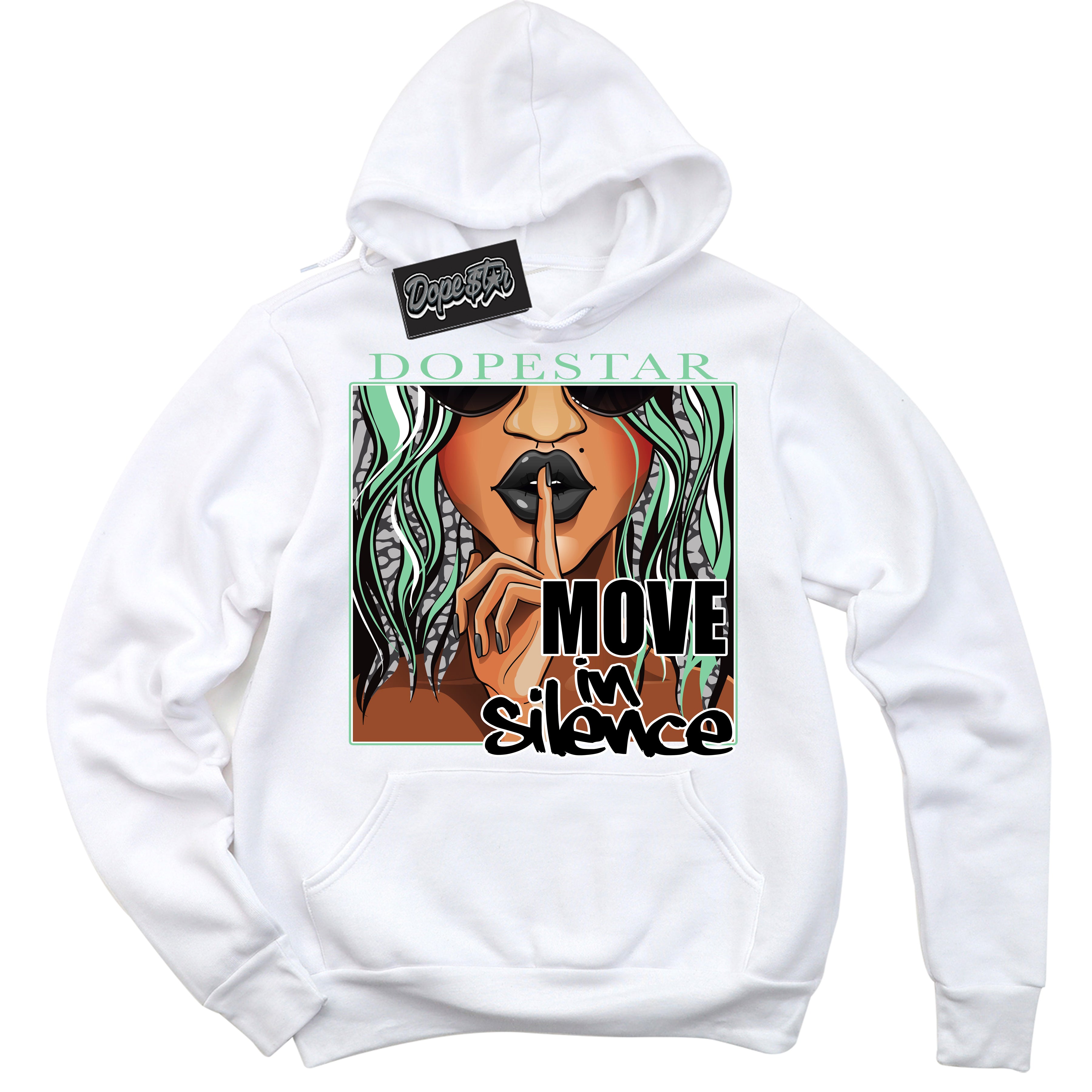 Cool White Graphic DopeStar Hoodie with “ Move In Silence “ print, that perfectly matches Green Glow 3s sneakers