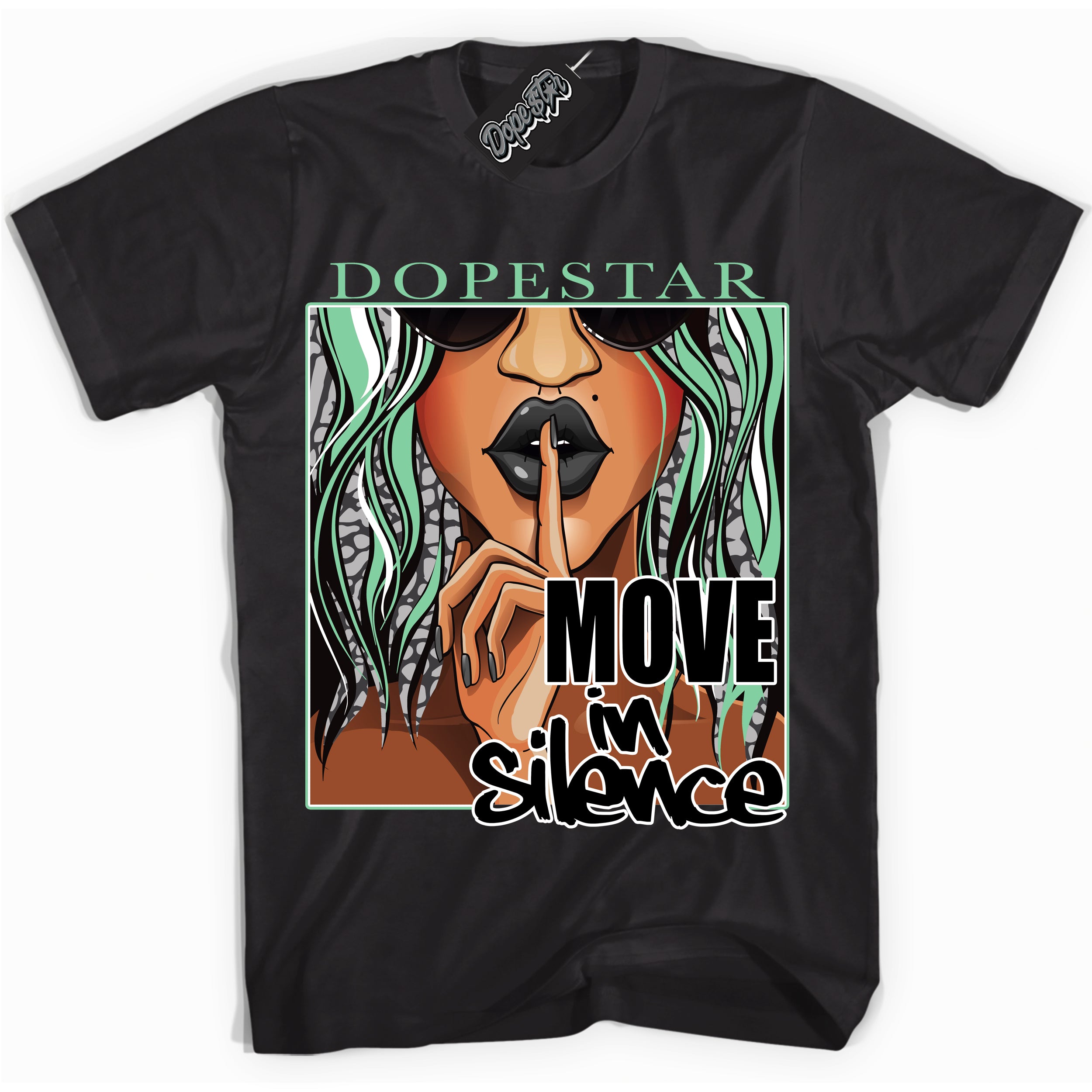 Cool Black graphic tee with “ Move In Silence ” design, that perfectly matches Green Glow 3s sneakers 