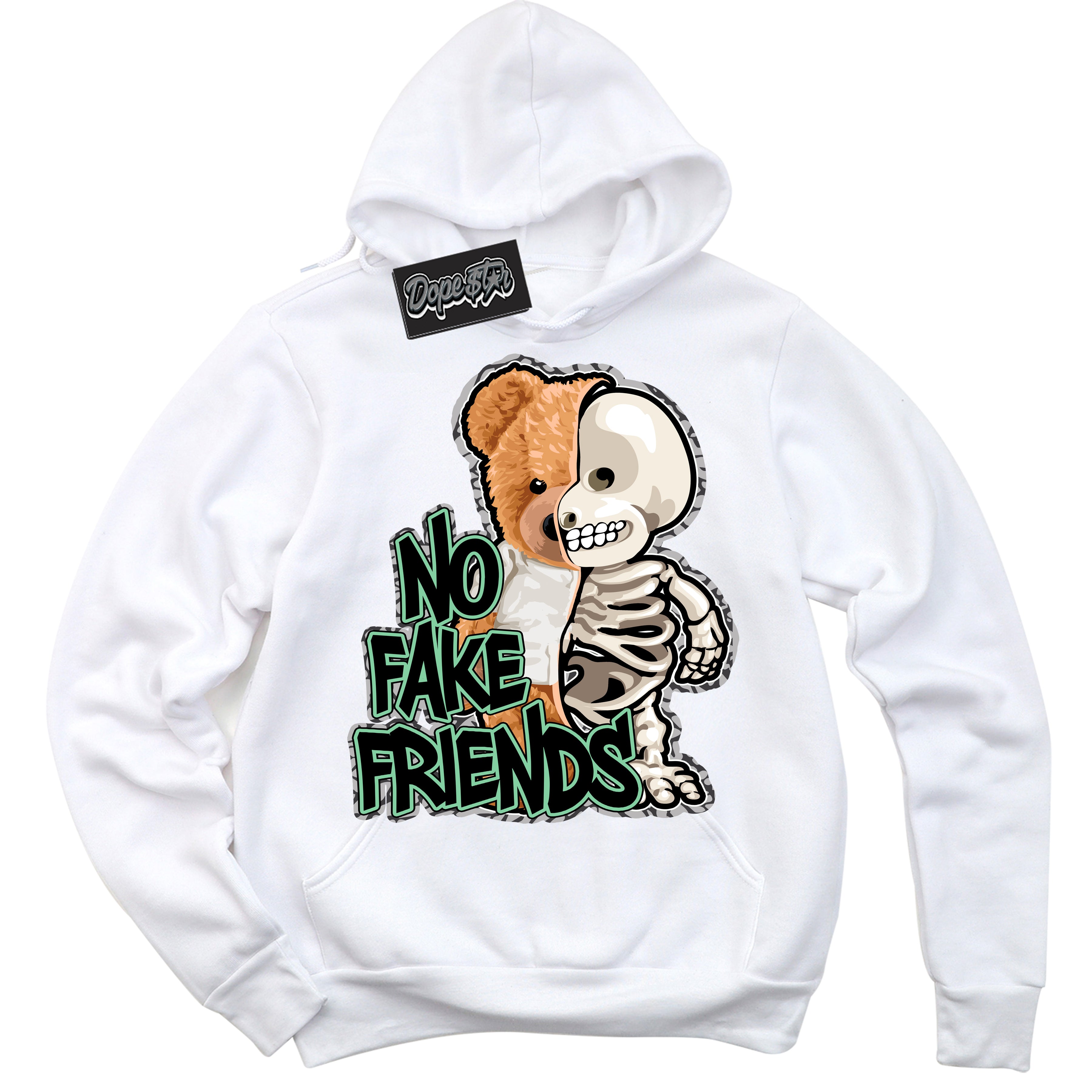 Cool White Graphic DopeStar Hoodie with “ No Fake Friends “ print, that perfectly matches Green Glow 3s sneakers