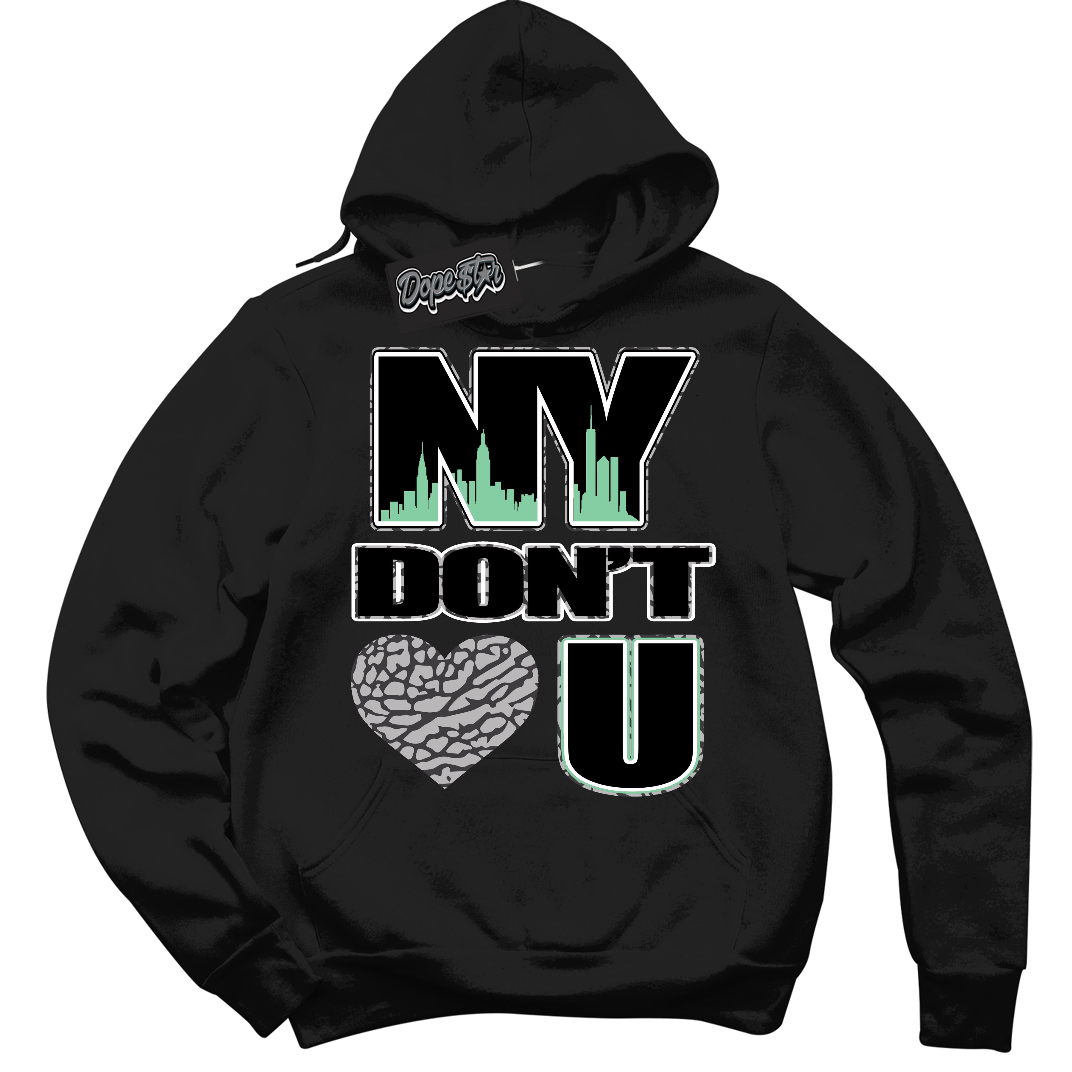 Cool Black Graphic DopeStar Hoodie with “ NY Don't Love You “ print, that perfectly matches Green Glow 3S sneakers