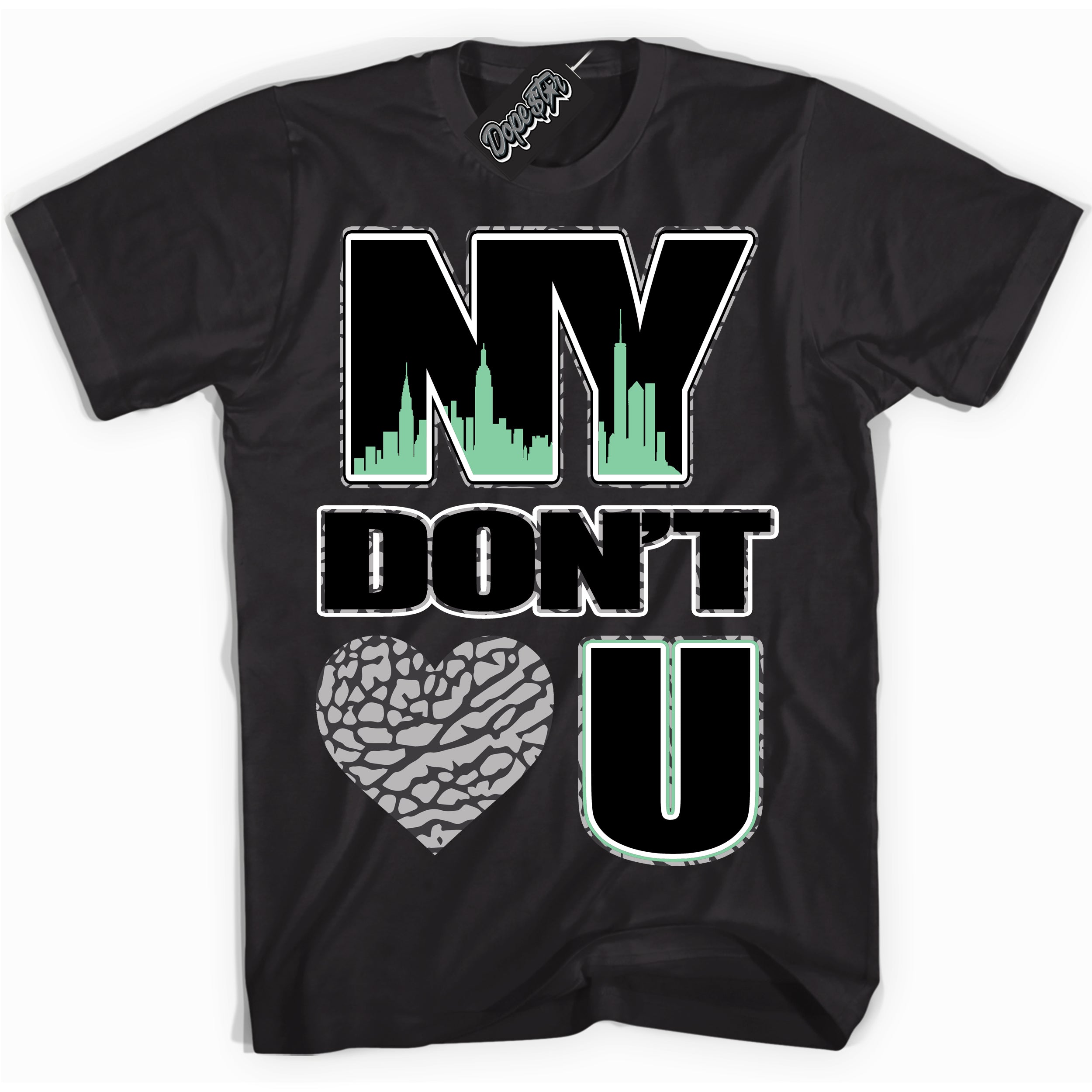 Cool Black graphic tee with “ NY Don't Love You ” design, that perfectly matches Green Glow 3s sneakers 