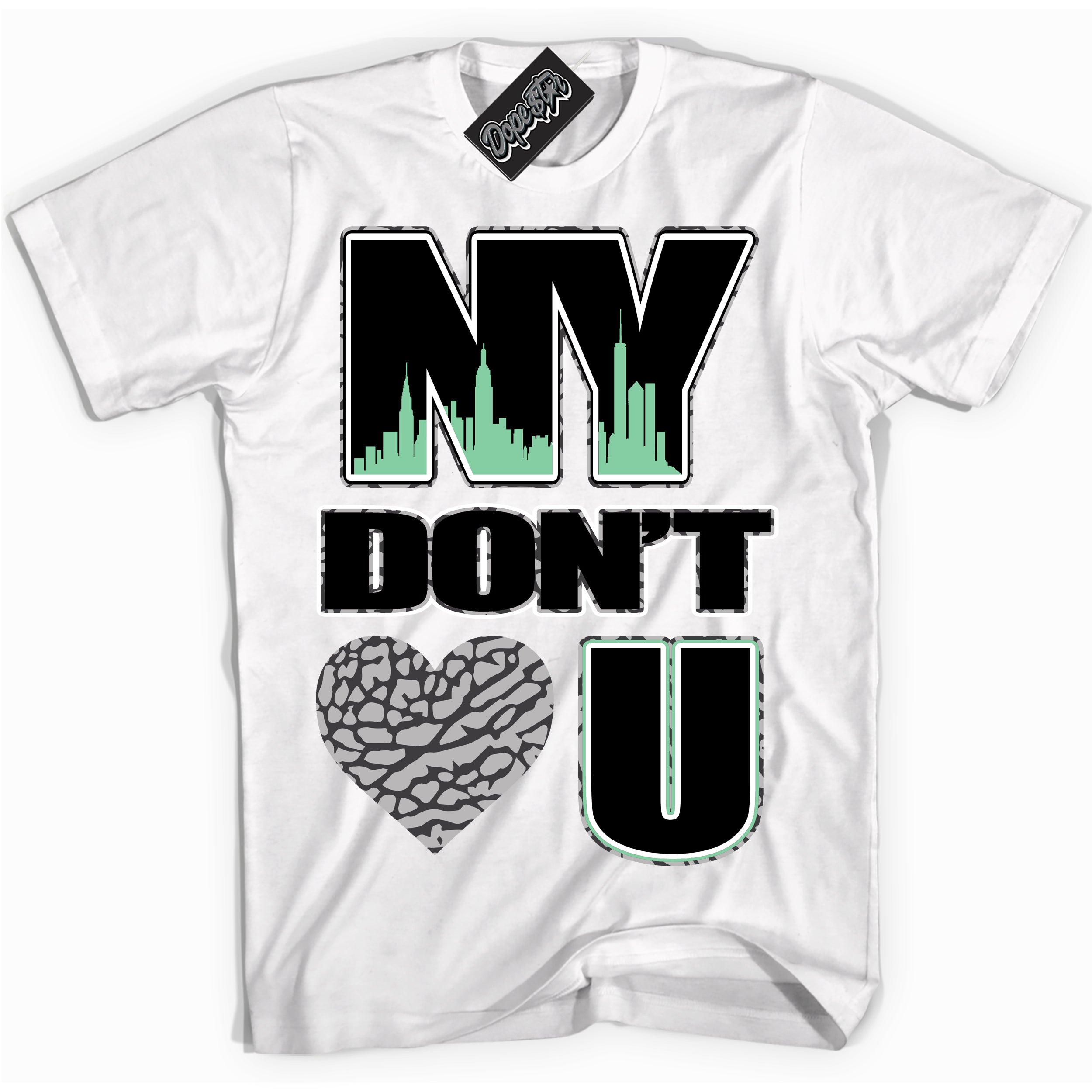 Cool White graphic tee with “ NY Don't Love You ” design, that perfectly matches Green Glow 3s sneakers 