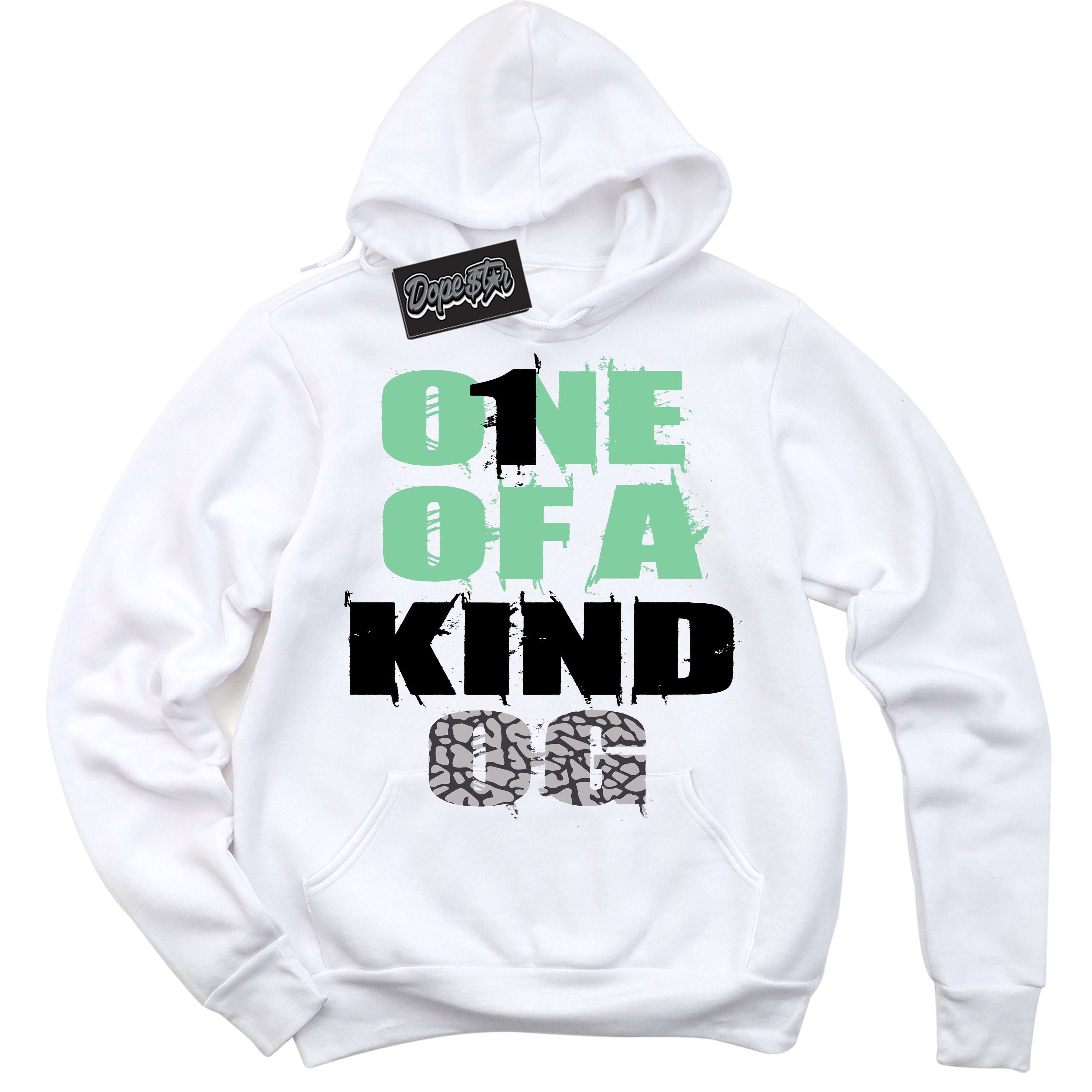 Cool White Graphic DopeStar Hoodie with “ One Of A Kind “ print, that perfectly matches Green Glow 3s sneakers