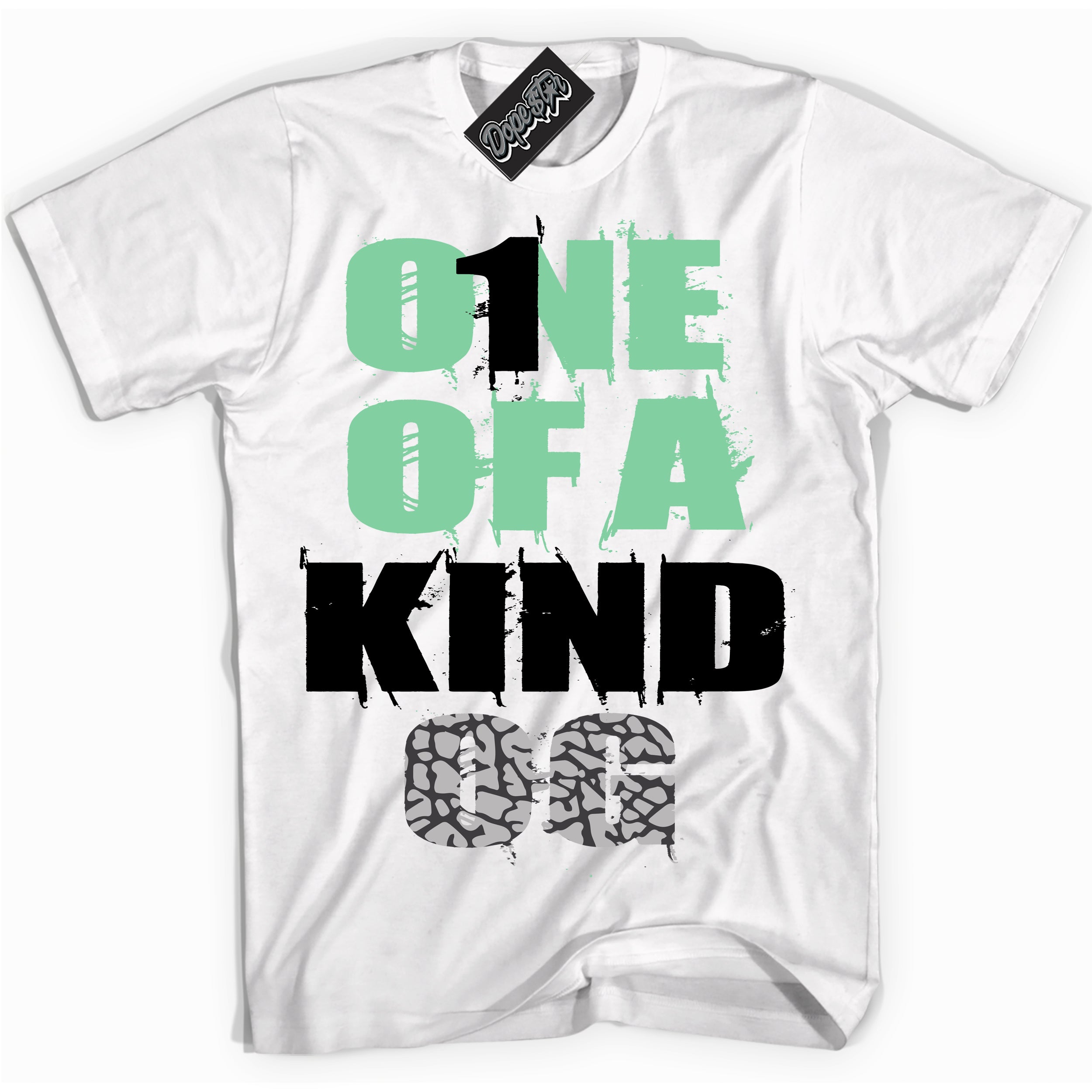 Cool White graphic tee with “ One Of A Kind ” design, that perfectly matches Green Glow 3s sneakers 
