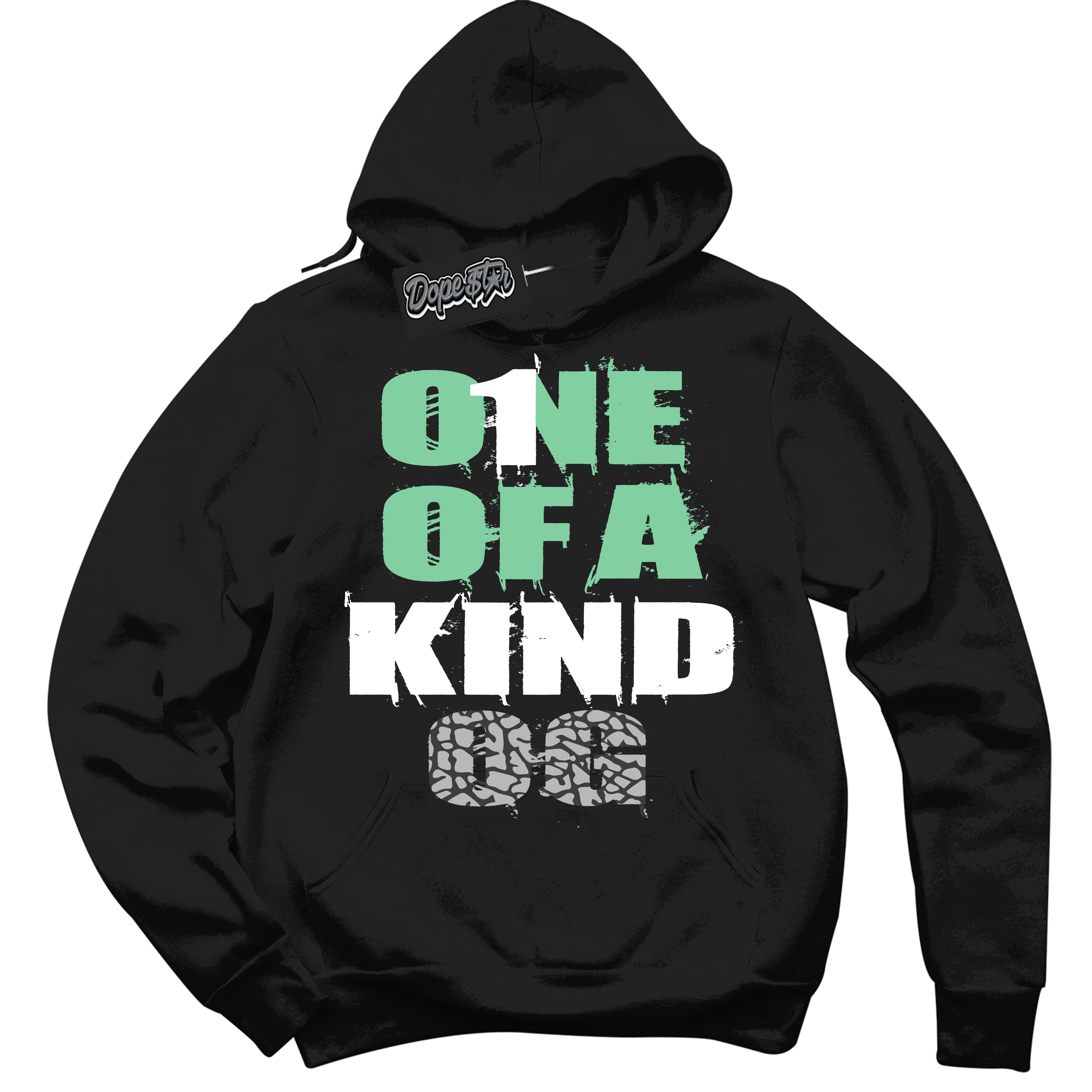 Cool Black Graphic DopeStar Hoodie with “ One Of A Kind “ print, that perfectly matches Green Glow 3S sneakers