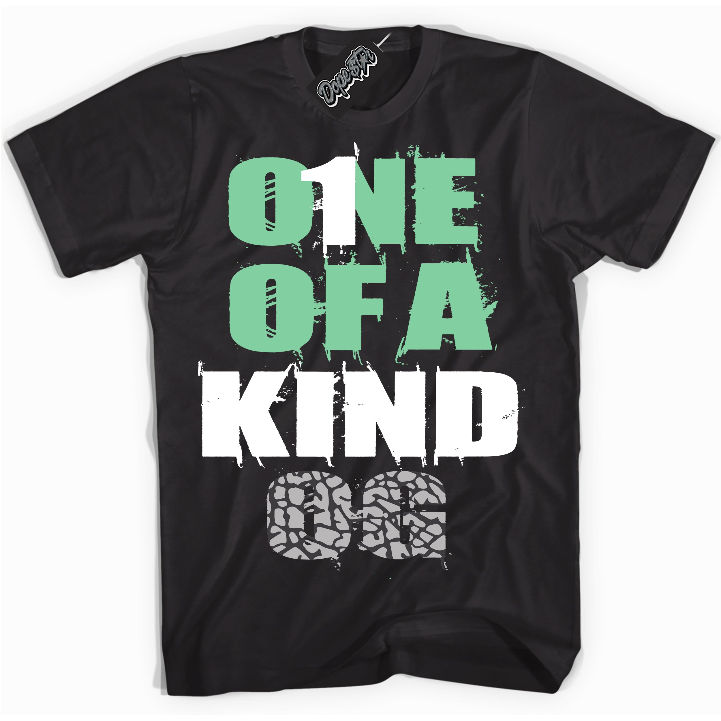 Cool Black graphic tee with “ One Of A Kind ” design, that perfectly matches Green Glow 3s sneakers 