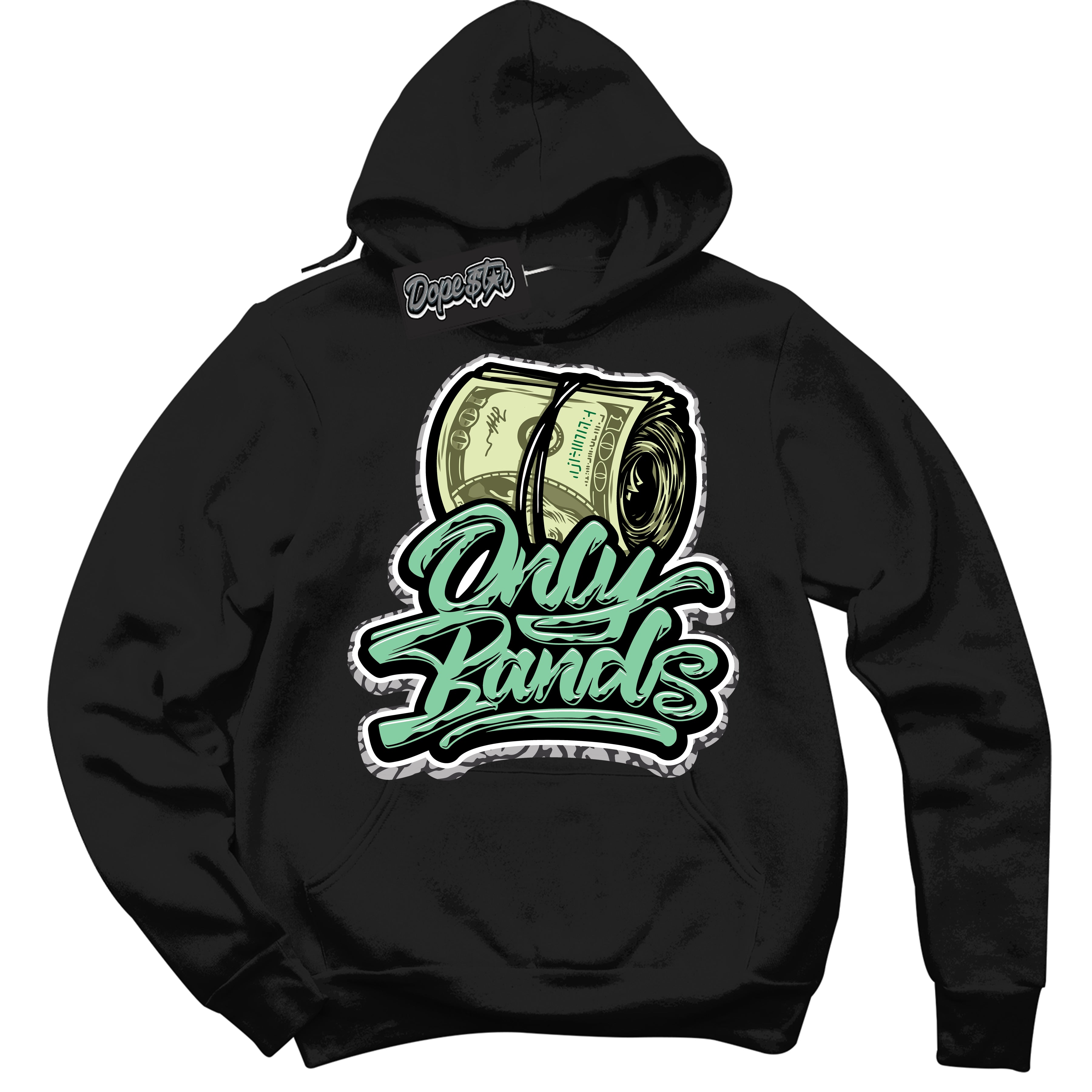 Cool Black Graphic DopeStar Hoodie with “ Only Bands “ print, that perfectly matches Green Glow 3S sneakers