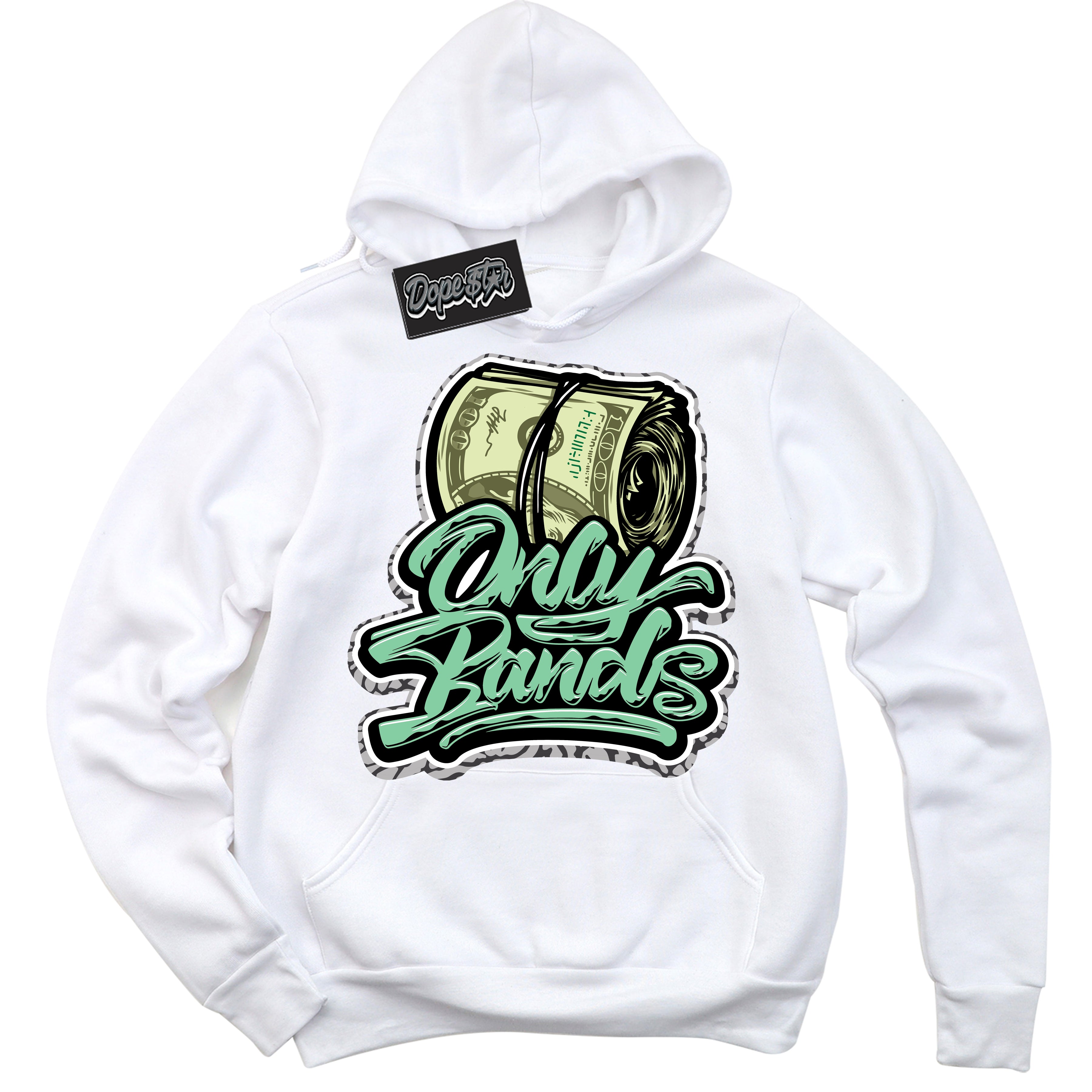 Cool White Graphic DopeStar Hoodie with “ Only Bands “ print, that perfectly matches Green Glow 3s sneakers