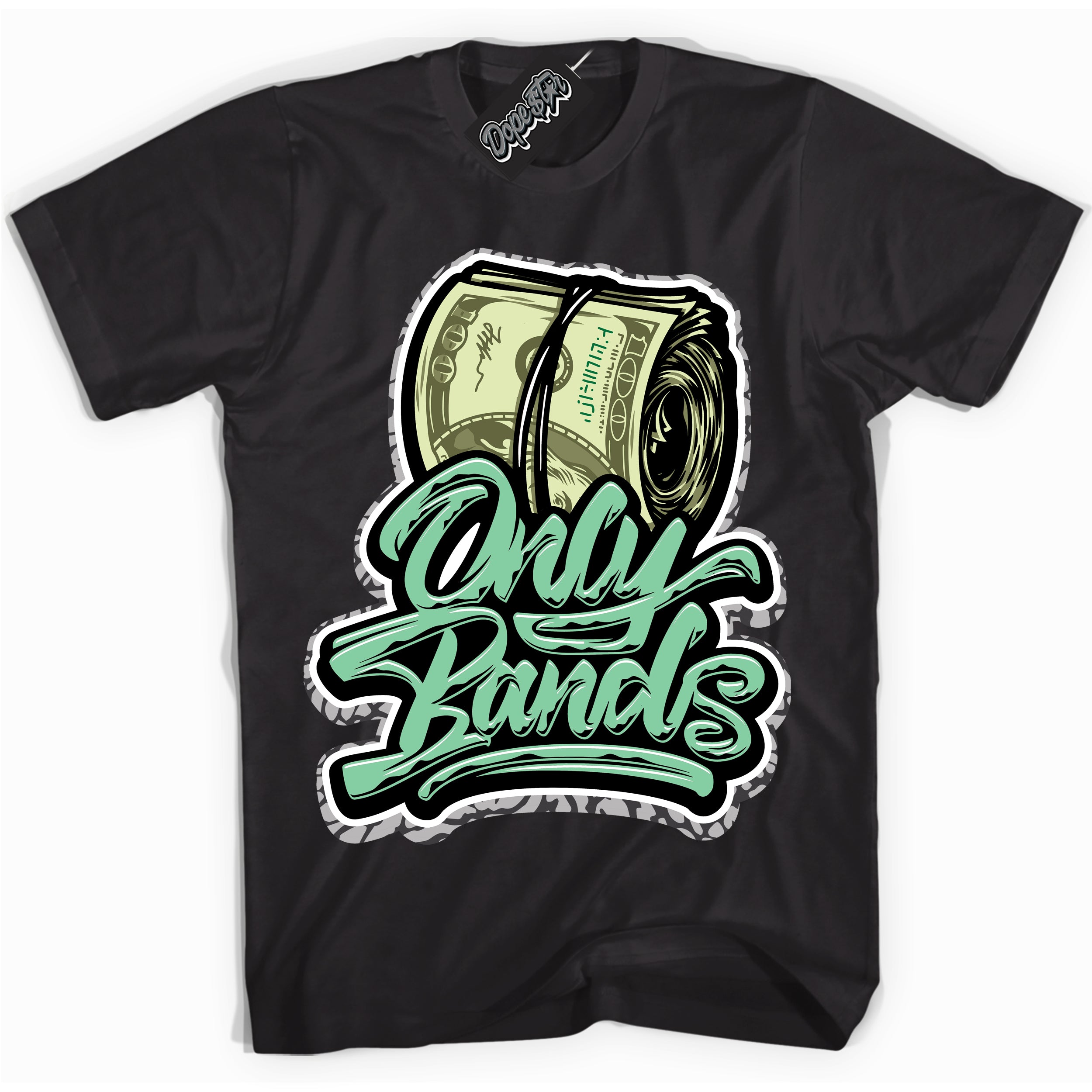 Cool Black graphic tee with “ Only Bands ” design, that perfectly matches Green Glow 3s sneakers 