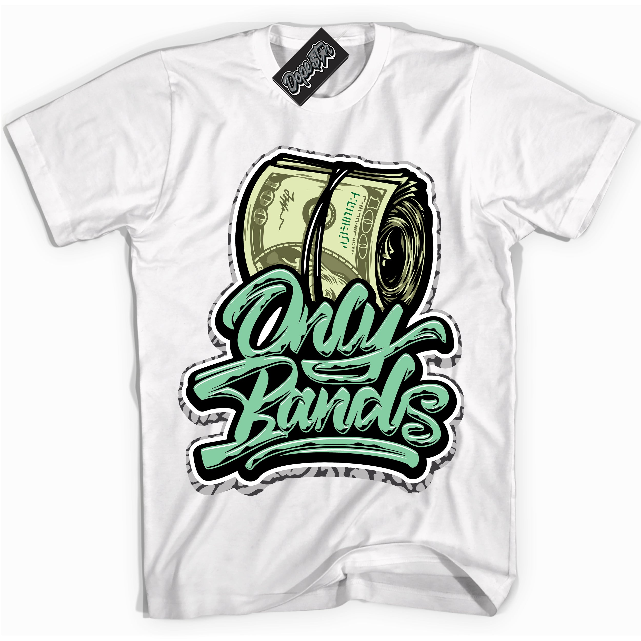 Cool White graphic tee with “ Only Bands ” design, that perfectly matches Green Glow 3s sneakers 