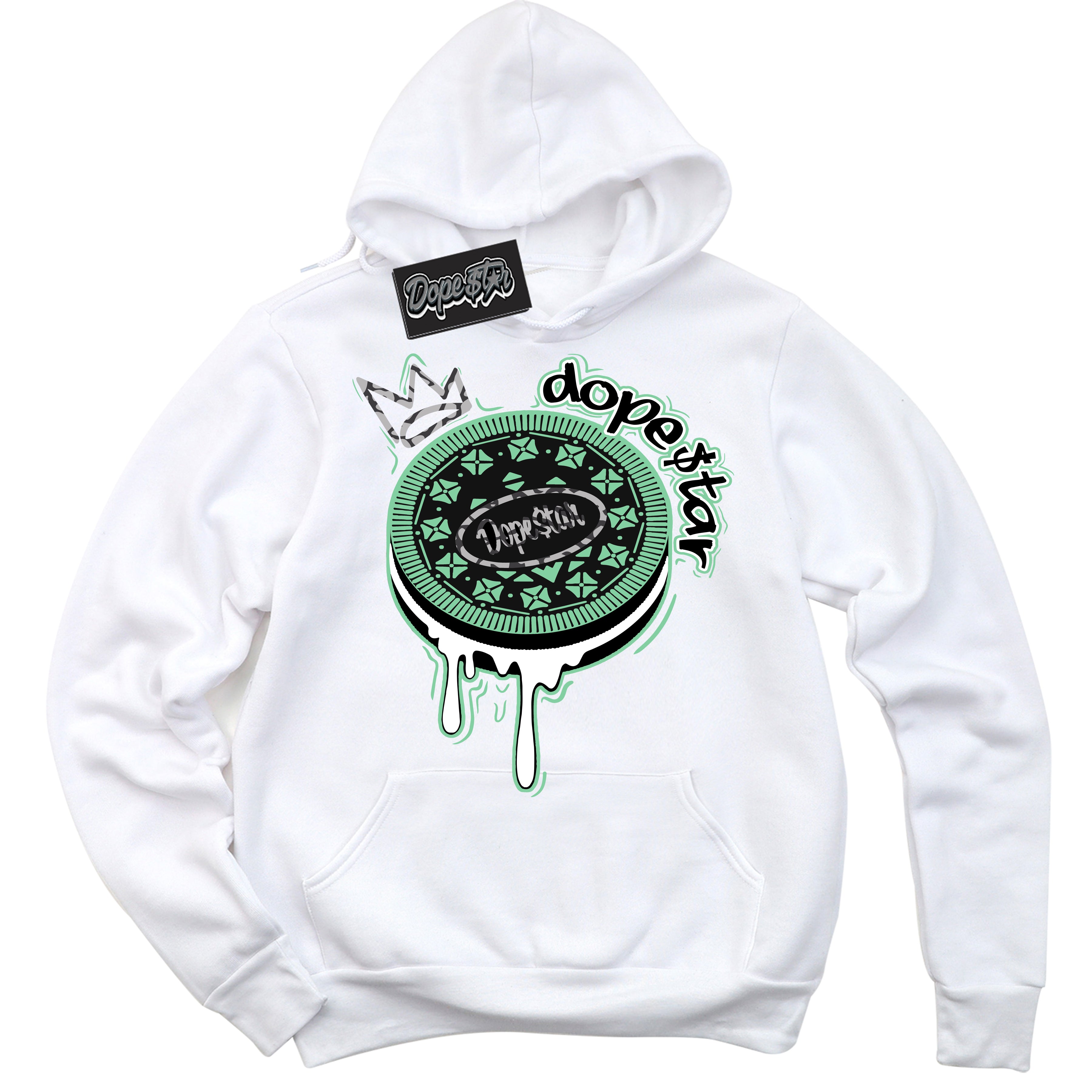 Cool White Graphic DopeStar Hoodie with “ Oreo DS “ print, that perfectly matches Green Glow 3s sneakers