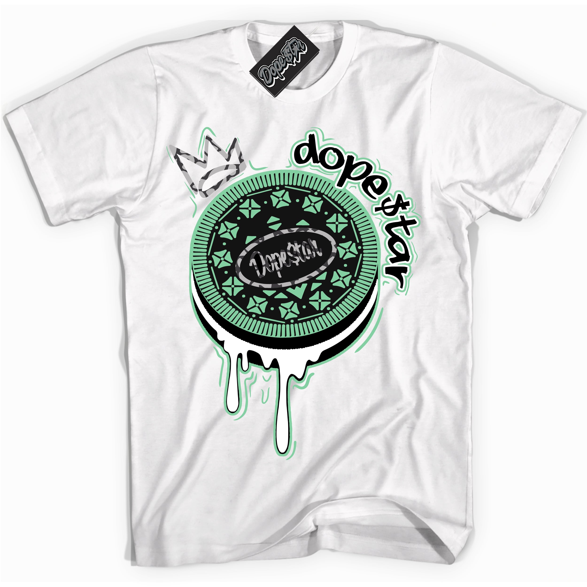 Cool White graphic tee with “ Oreo DS ” design, that perfectly matches Green Glow 3s sneakers 