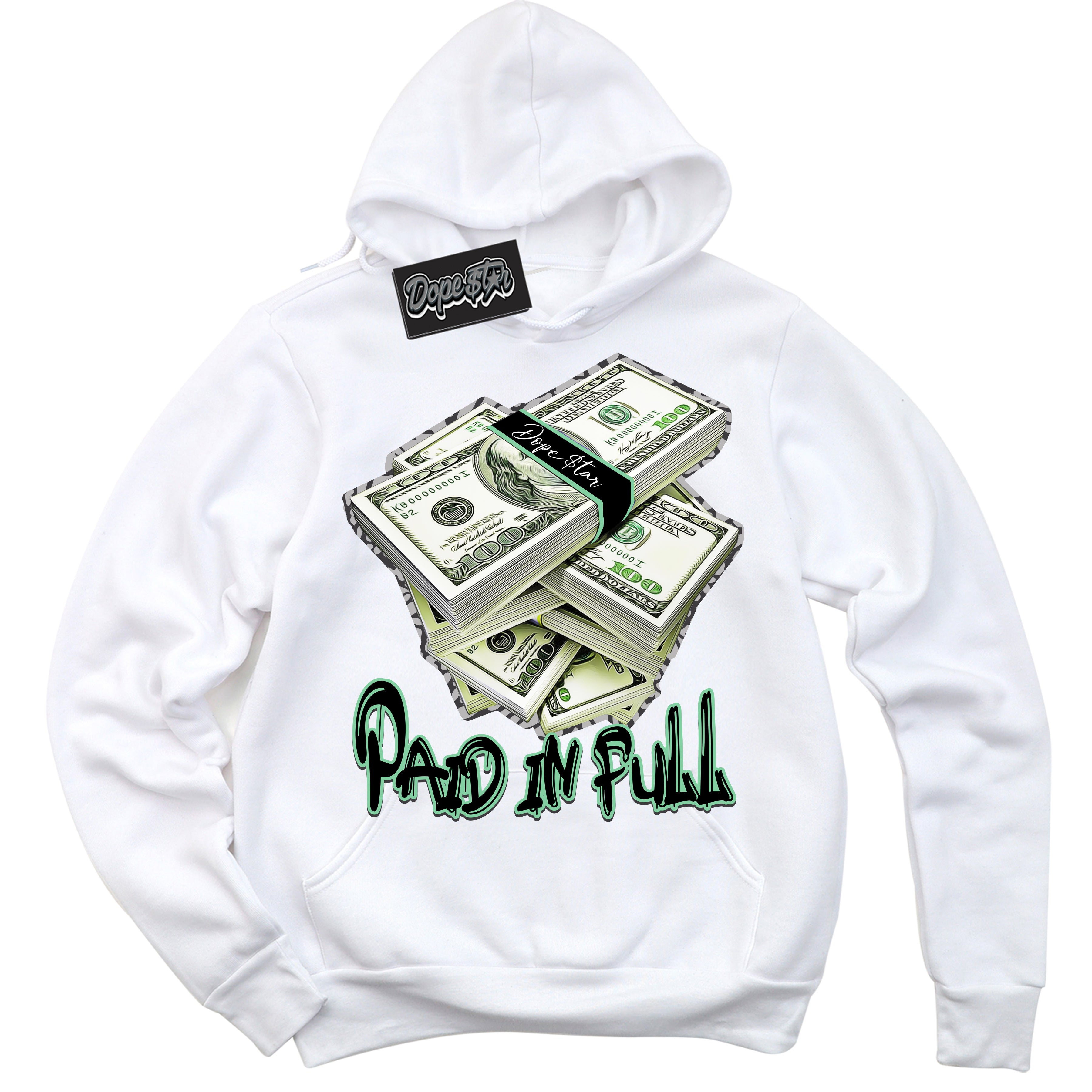 Cool White Graphic DopeStar Hoodie with “ Paid In Full “ print, that perfectly matches Green Glow 3s sneakers
