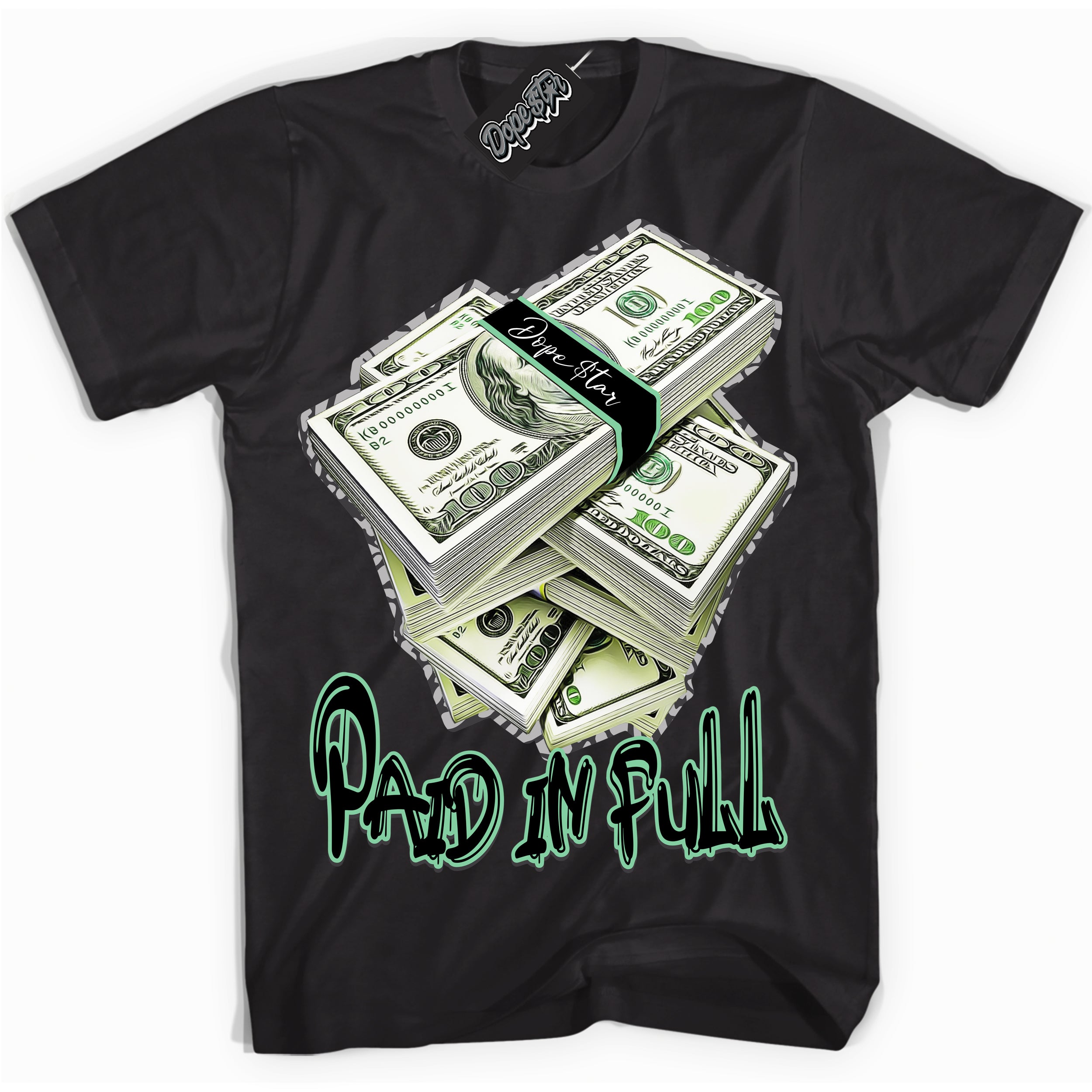 Cool Black graphic tee with “ Paid In Full ” design, that perfectly matches Green Glow 3s sneakers 