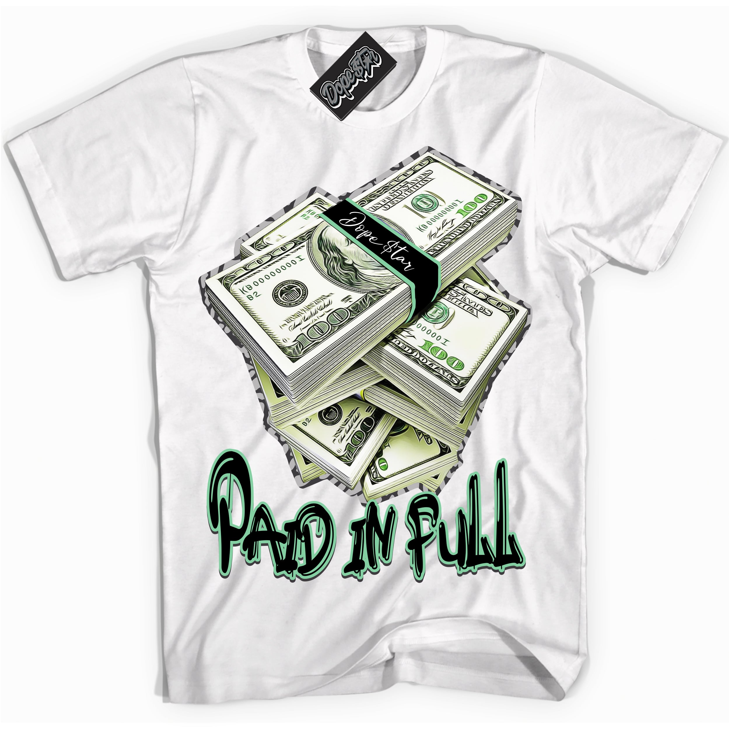 Cool White graphic tee with “ Paid In Full ” design, that perfectly matches Green Glow 3s sneakers 