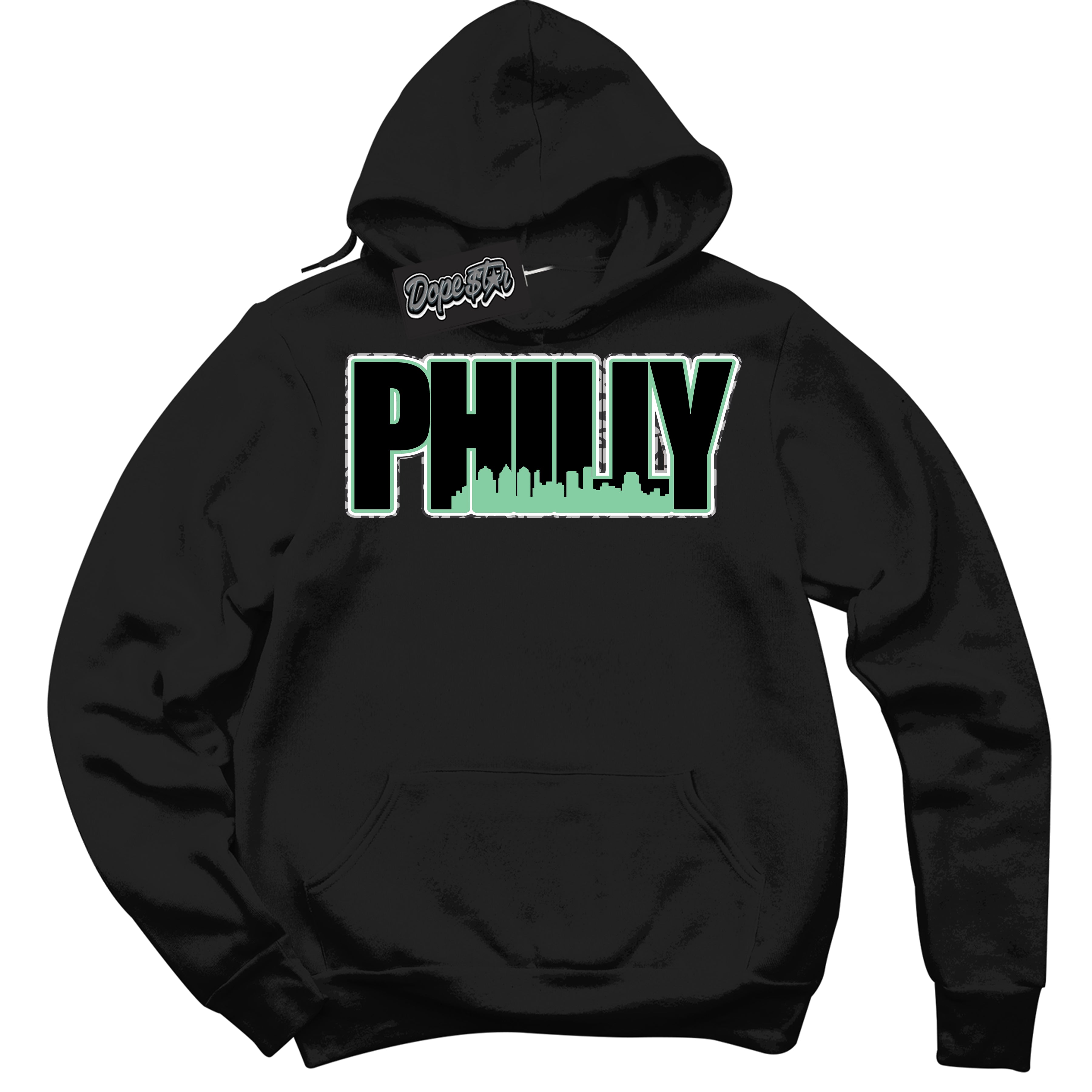 Cool Black Graphic DopeStar Hoodie with “ Philly “ print, that perfectly matches Green Glow 3S sneakers