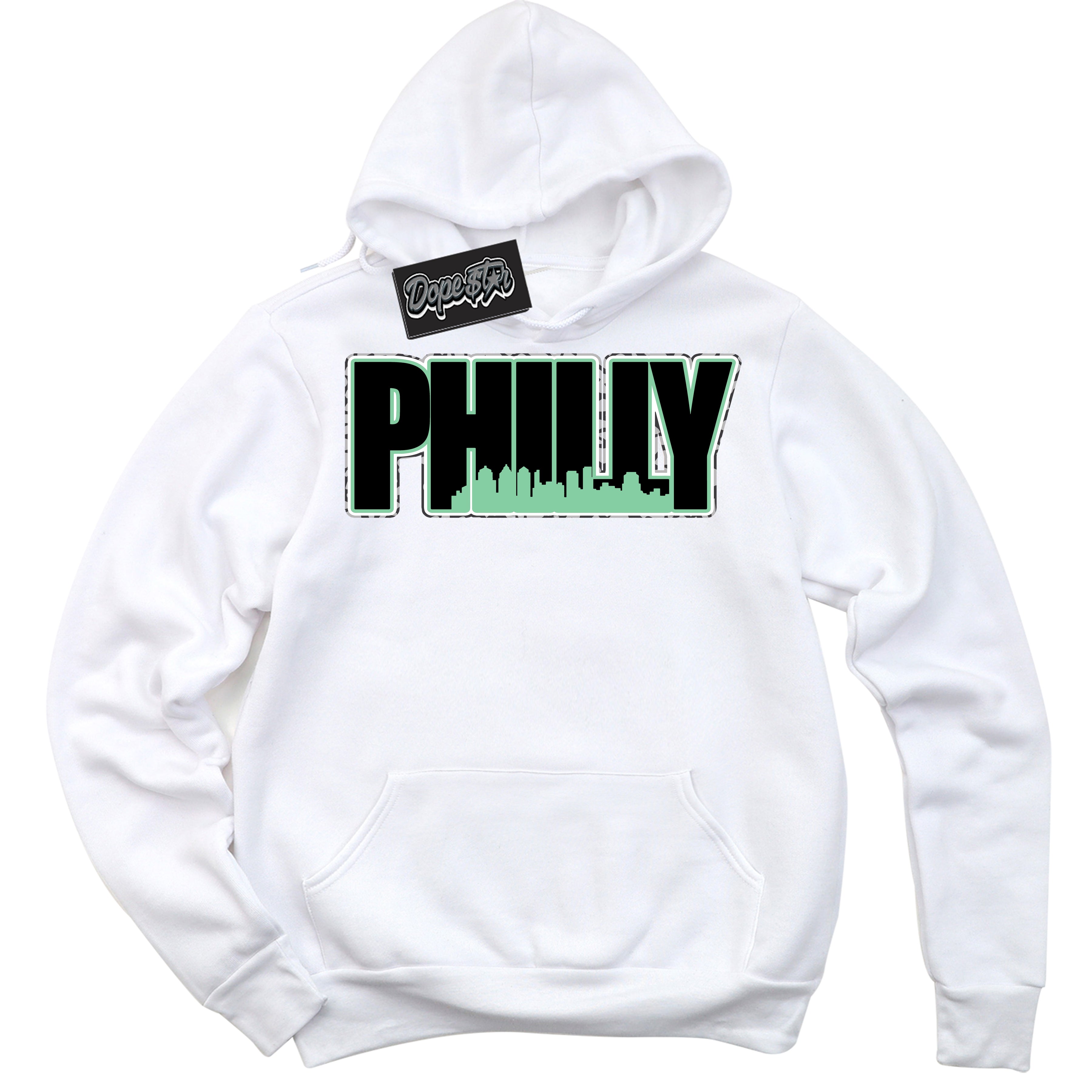 Cool White Graphic DopeStar Hoodie with “ Philly “ print, that perfectly matches Green Glow 3s sneakers
