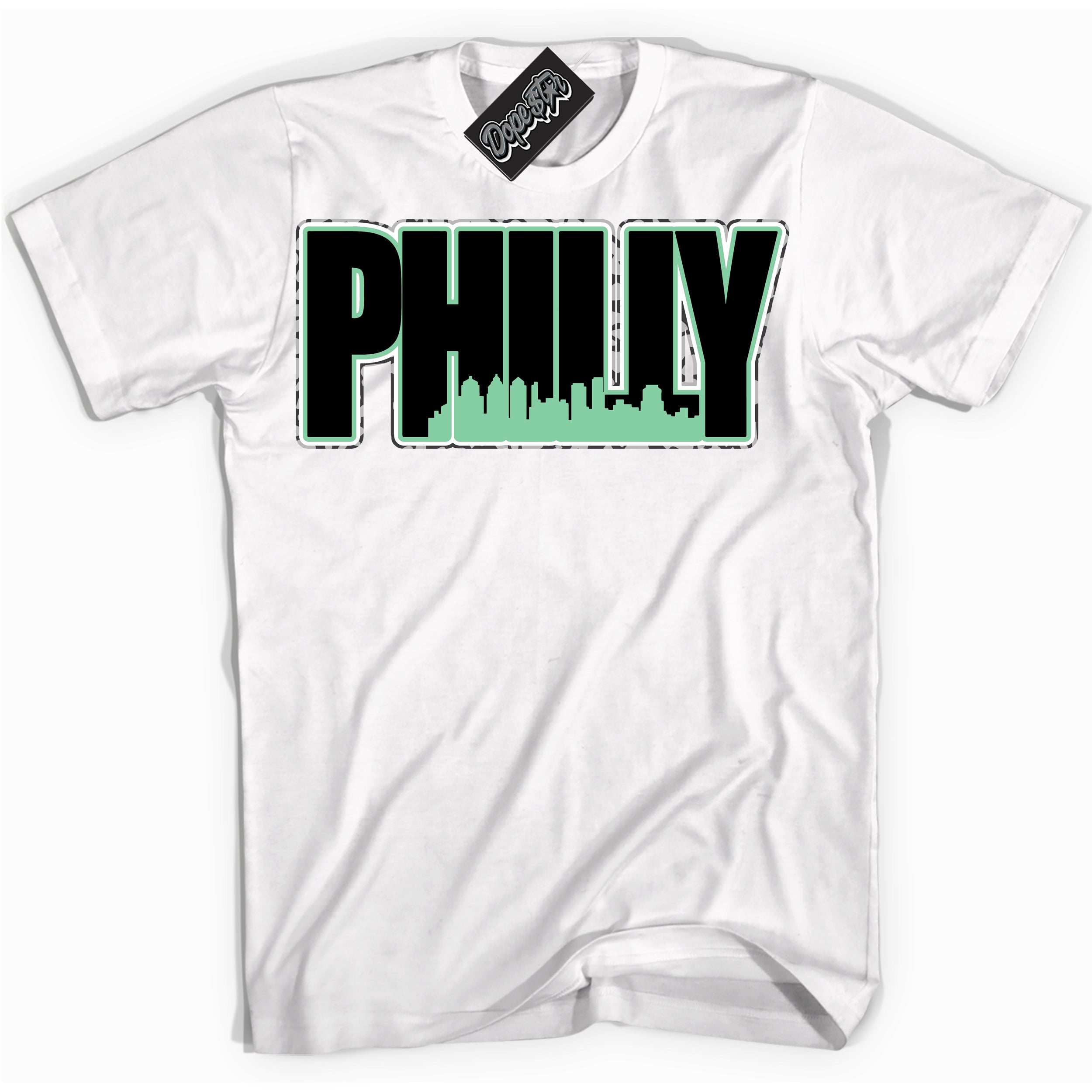 Cool Black graphic tee with “ Philly ” design, that perfectly matches Green Glow 3s sneakers 