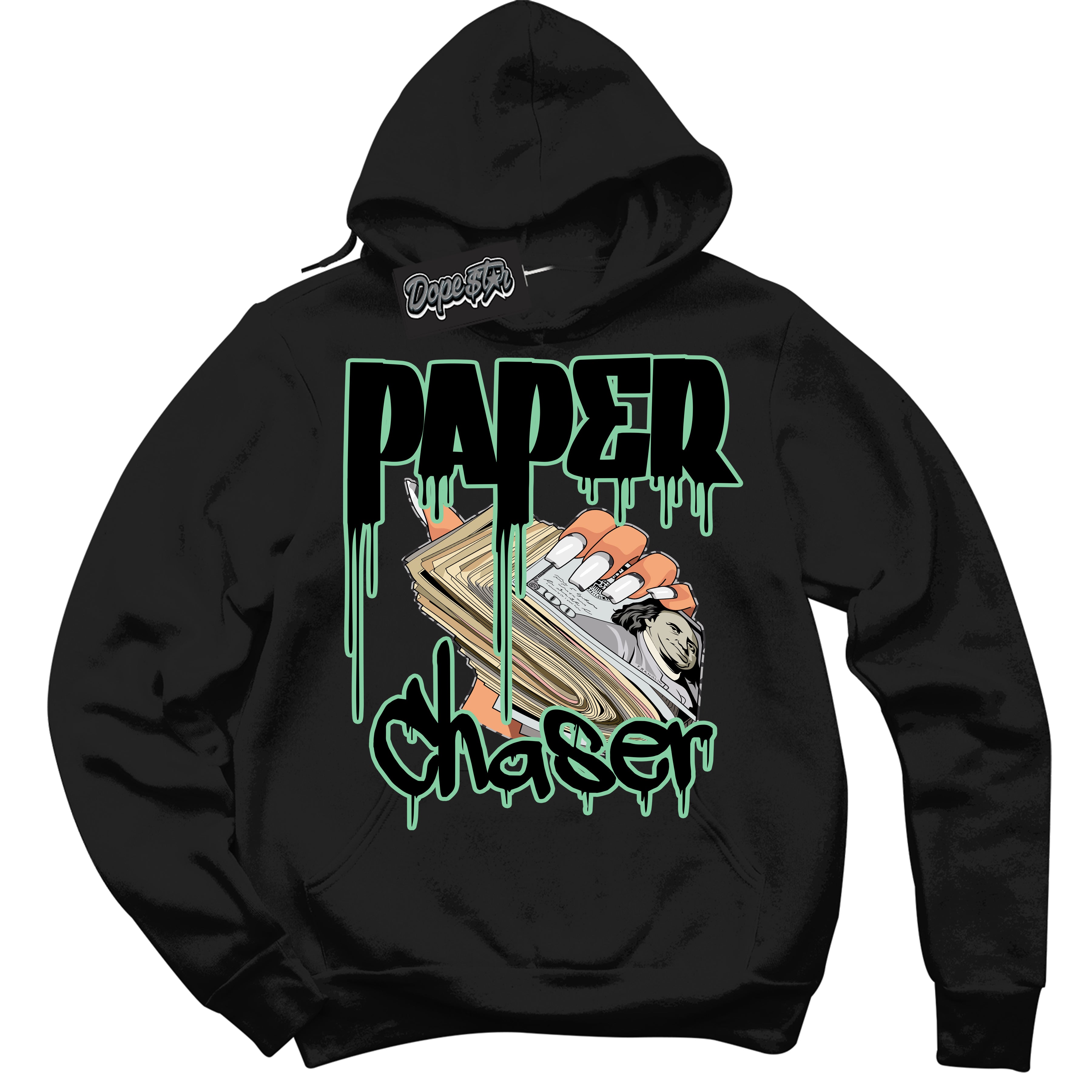 Cool Black Graphic DopeStar Hoodie with “ Paper Chaser “ print, that perfectly matches Green Glow 3S sneakers