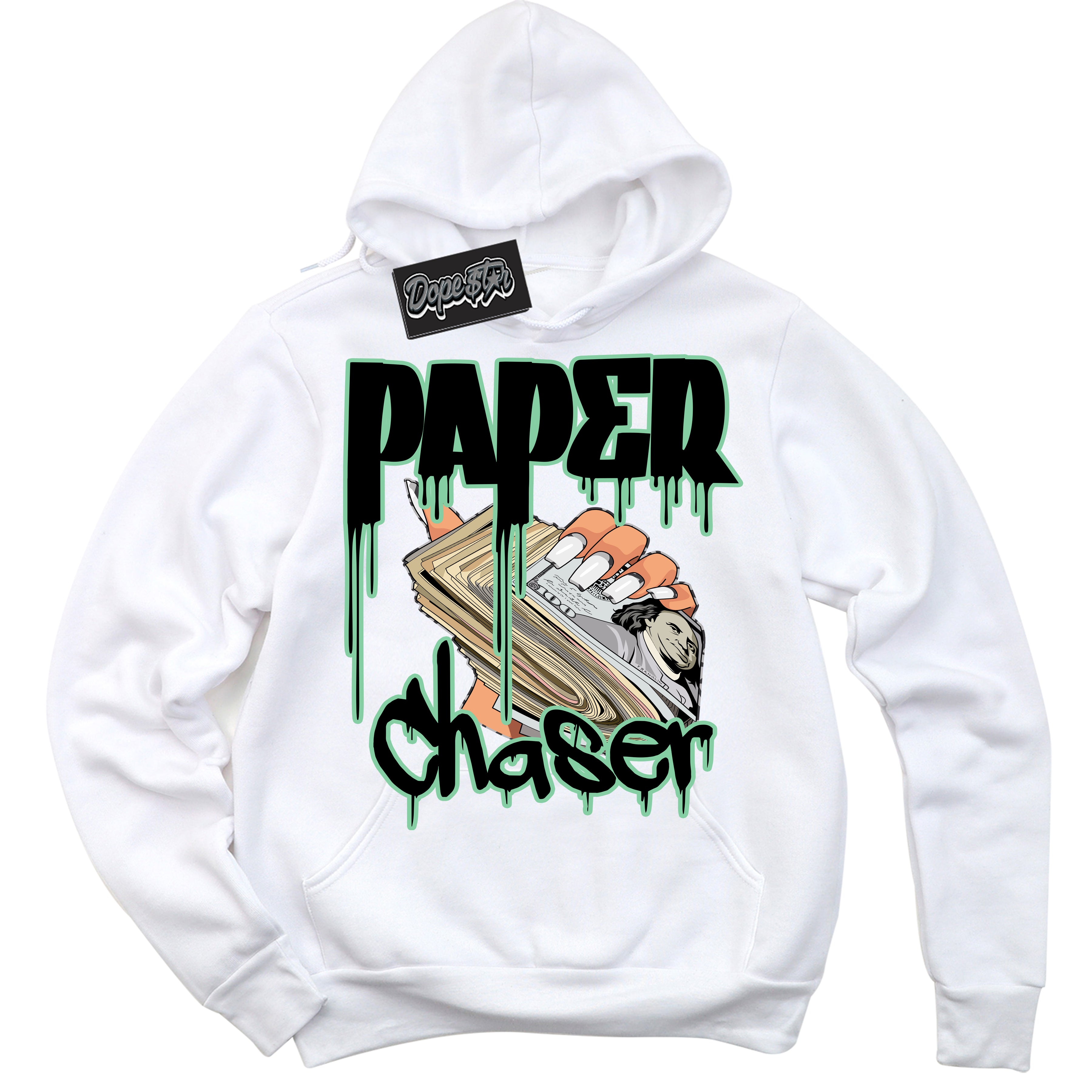 Cool White Graphic DopeStar Hoodie with “ Paper Chaser “ print, that perfectly matches Green Glow 3s sneakers